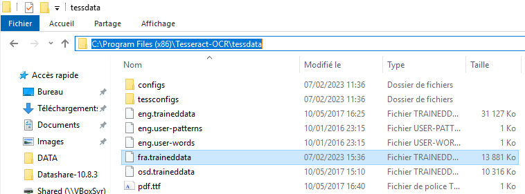 Screenshot of the Tessdata folder showing languages files