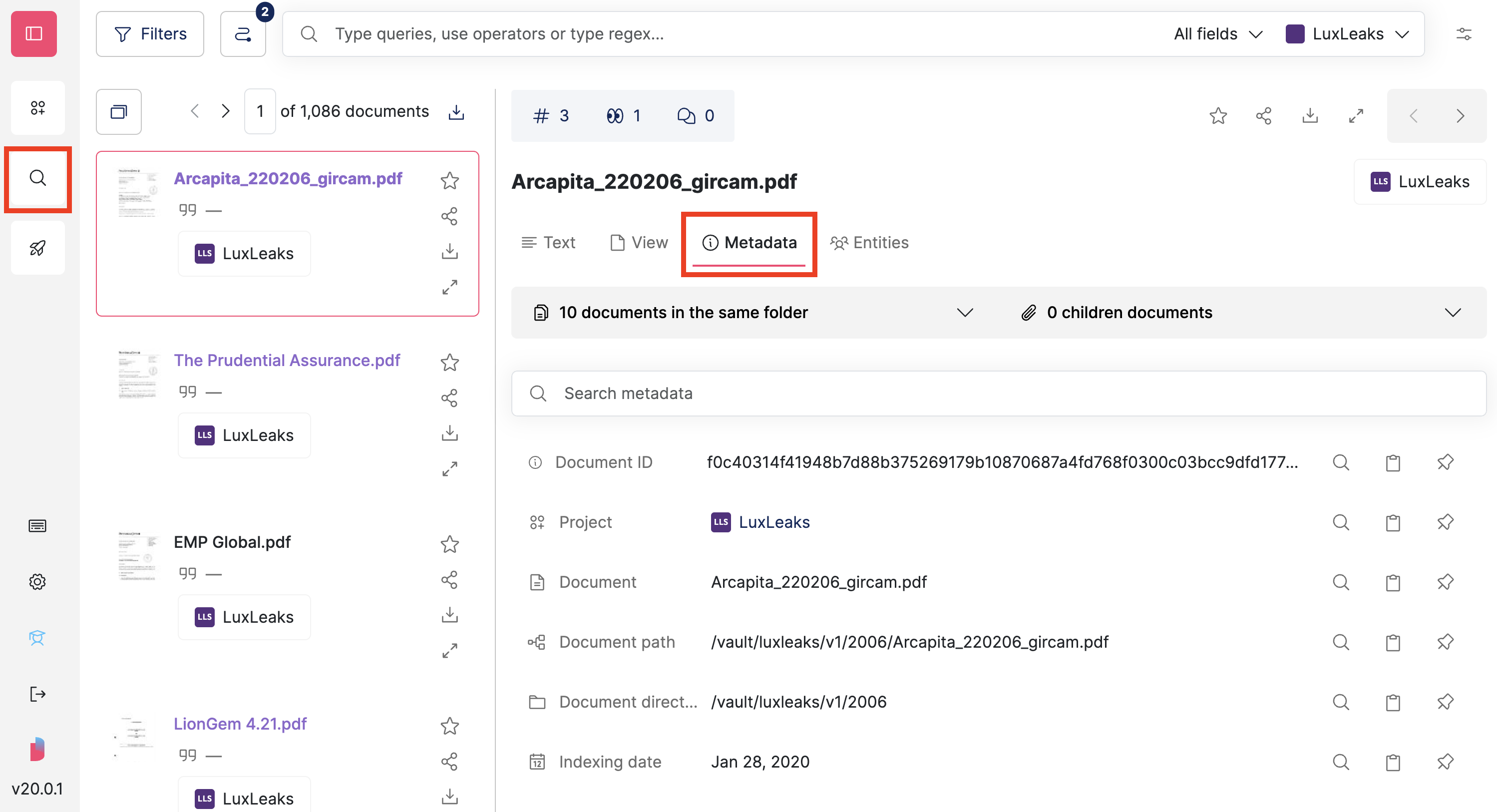 Screenshot of Datashare's document page with the 'Metadata' tab highlighted