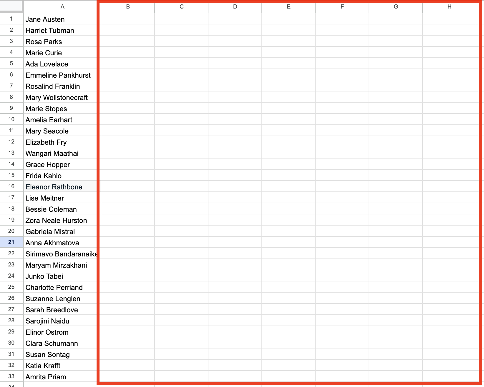Screenshot of a spreadsheet with the first column filled with one name and surname of a female personality per cell and other columns from B to H empty and highlighted