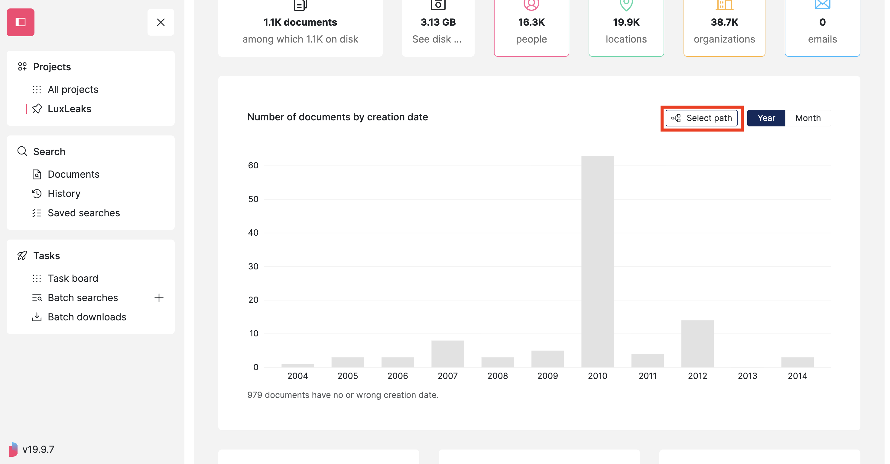 Screenshot of a Datashare's project page on the Insights tab at the level of the 'Documents per creation date' bar chart with 'Select path' button highlighted