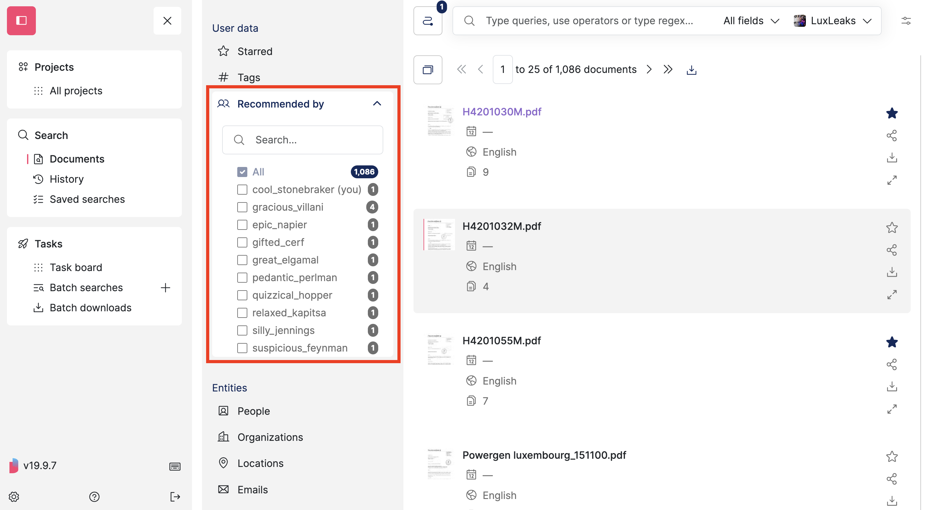 Screenshot of Datashare's search documents page in List layout where the 'Filters' are open on the left and the 'Recommended by' filter is open and highlighted