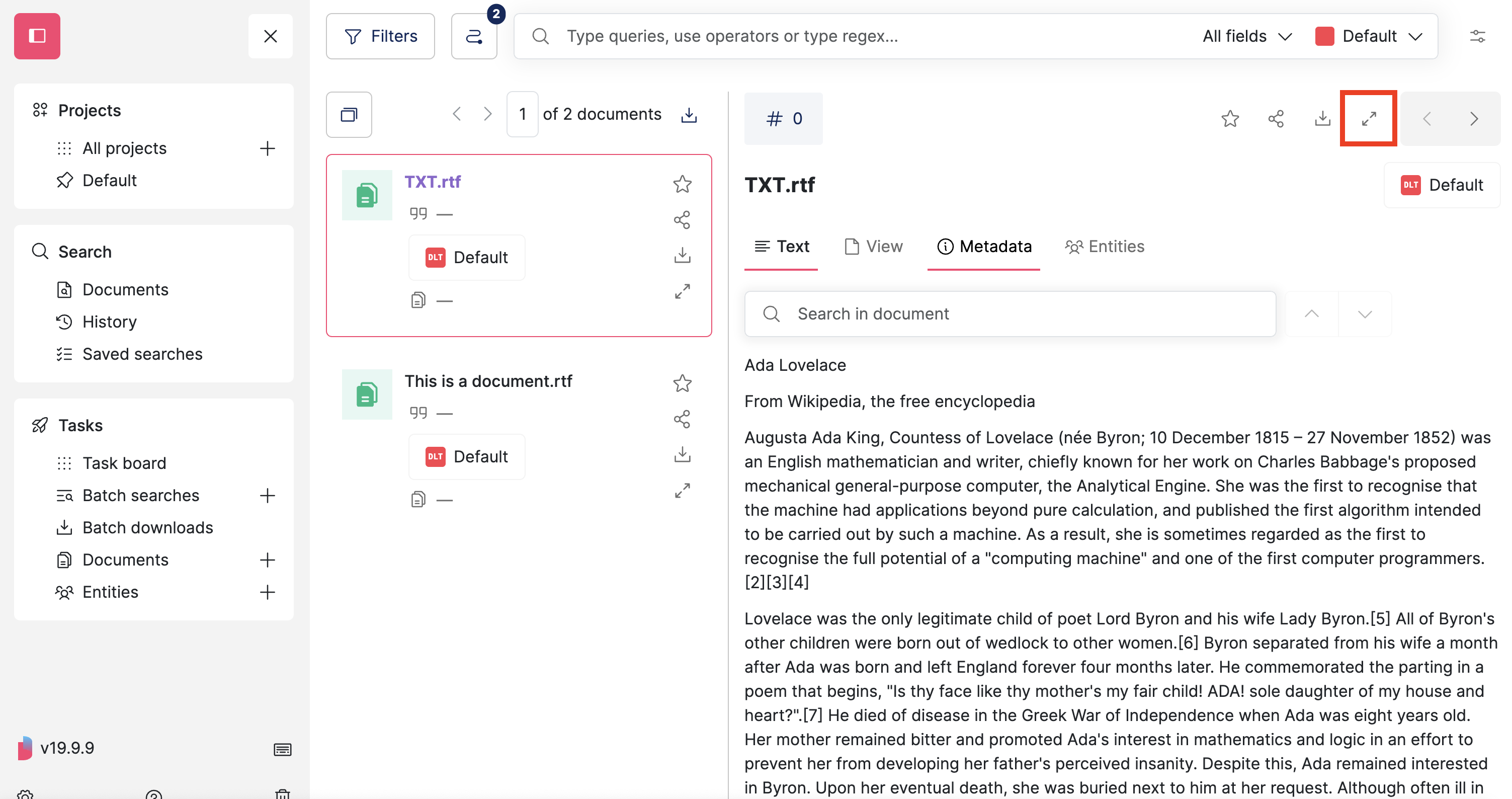 Screenshot of Datashare's search in document page in List view with a document opened and its in out icon on the top right highlighted