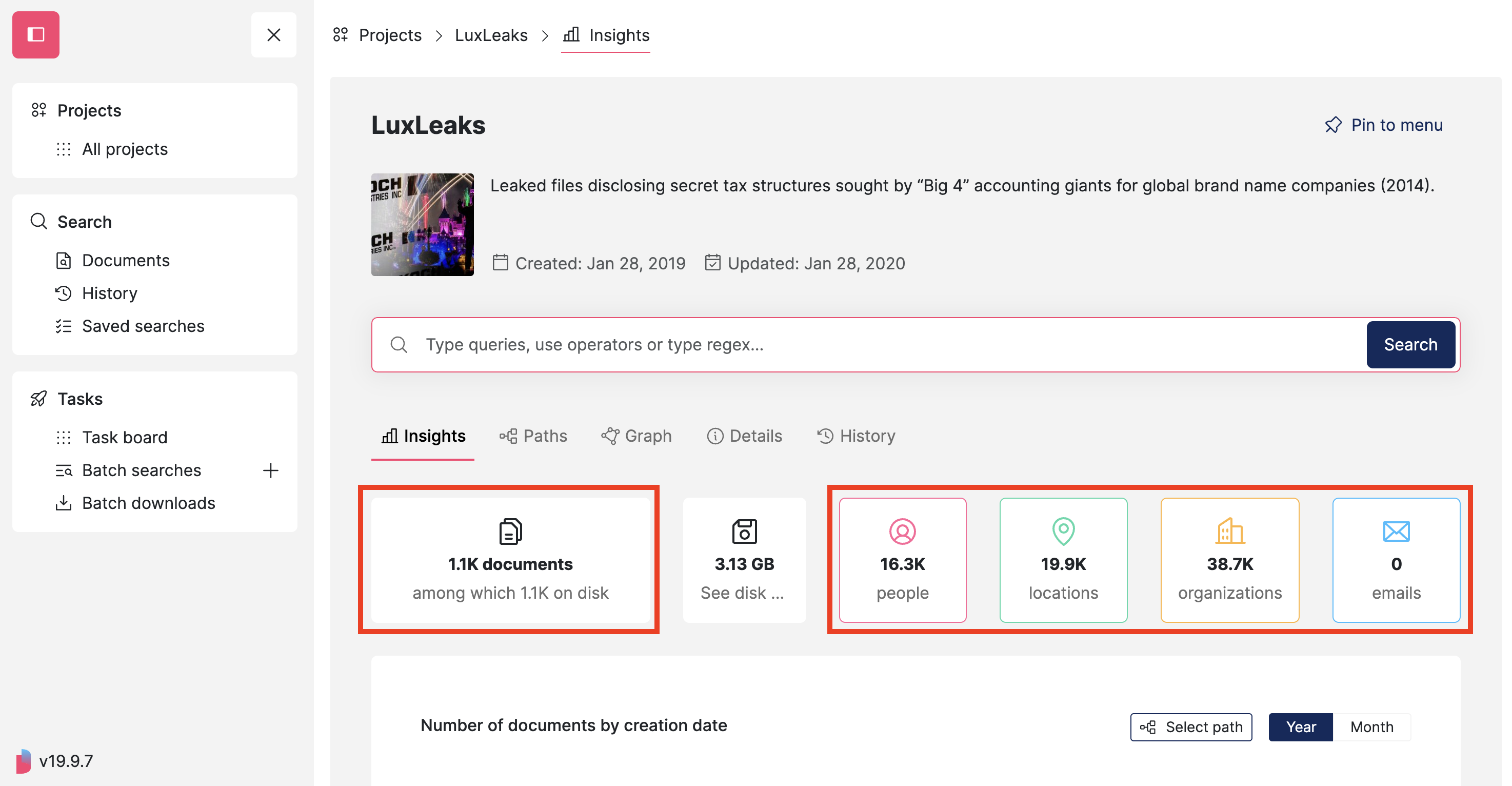 Screenshot of Datashare's project page on the Insights tab with statistics highlighted