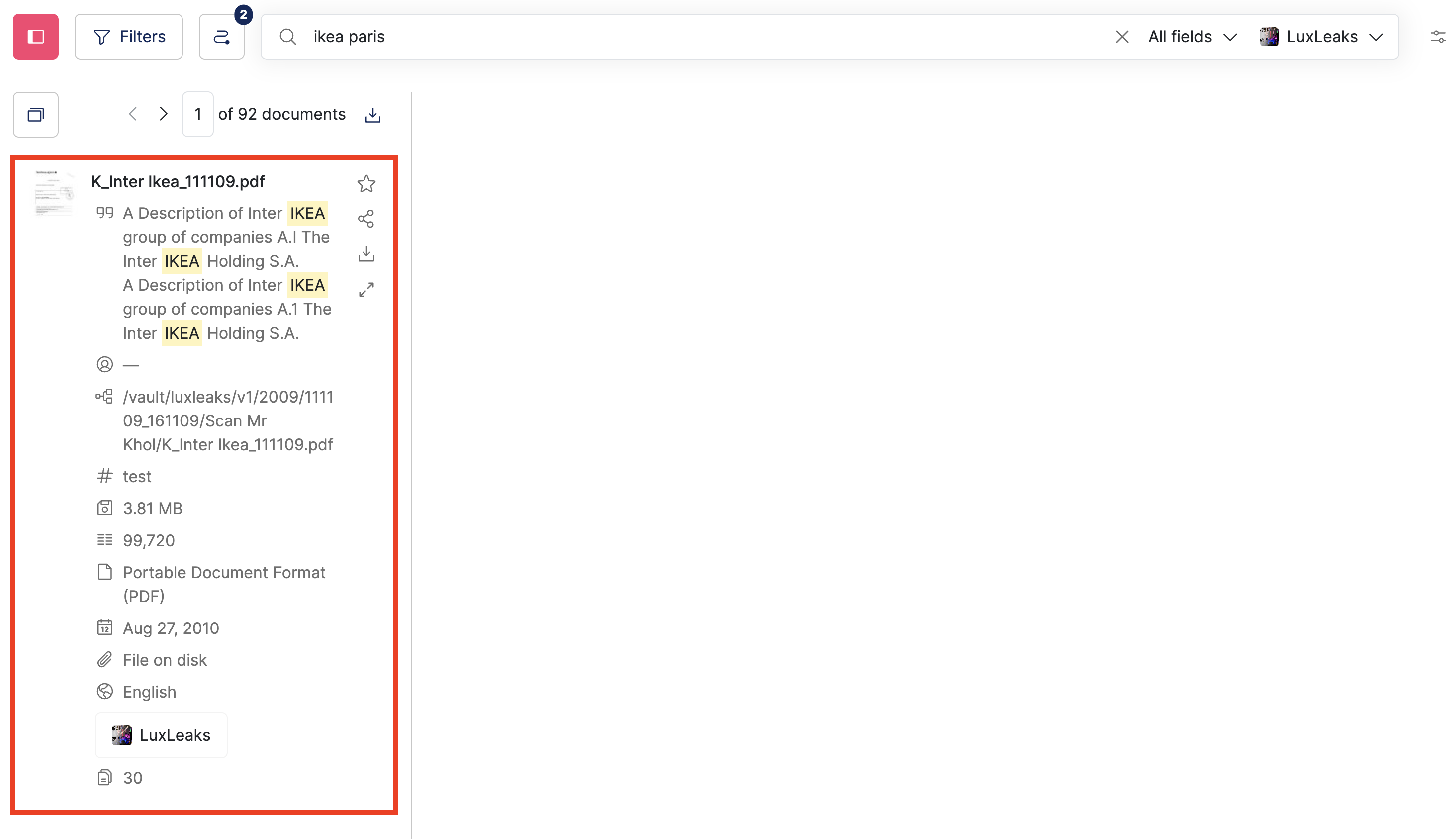 Screenshot of a Datashare's search documents page with 'Ikea paris' typed in the search bar and the 'Results' column open and highlighted at the left of the page in a List layout