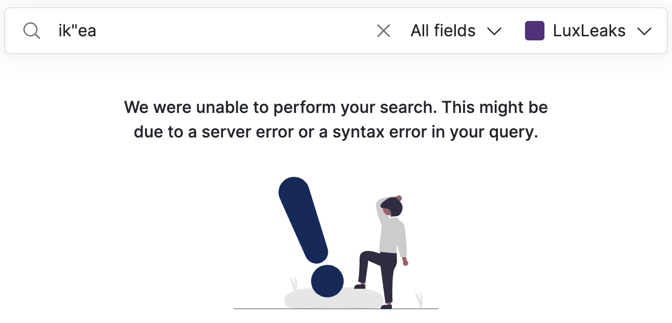 Screenshot of Datashare's search page with 'ik"ea' in the search bar and the message 'We were unable to perform your search. This might be due to a server error or a syntax error in your query'