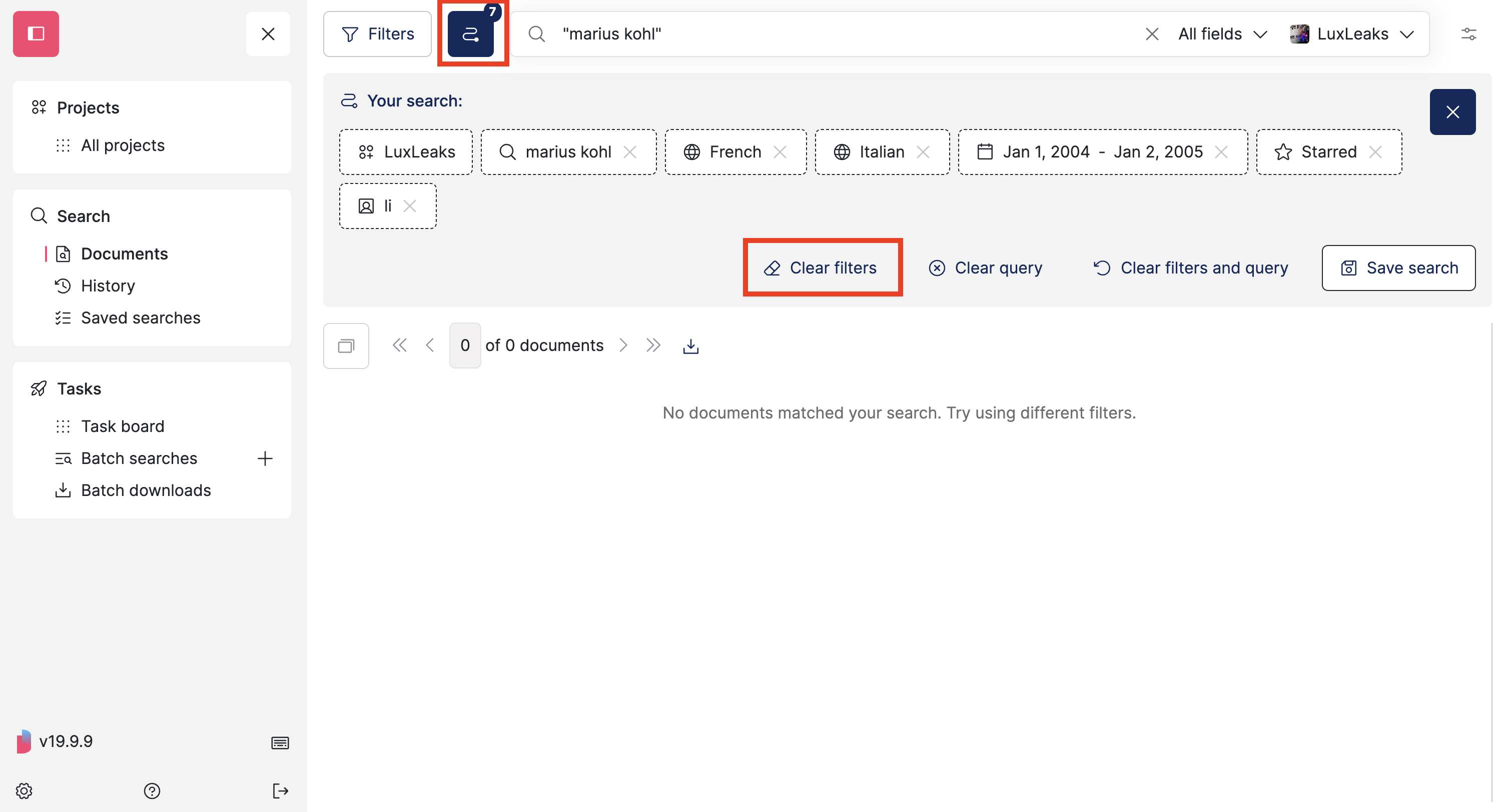 Screenshot of Datashare's document search page where a text says 'No documents matched your search. Try using different filters.' and the Search breadcrumb open and the 'Clear filters' button in it highlighted