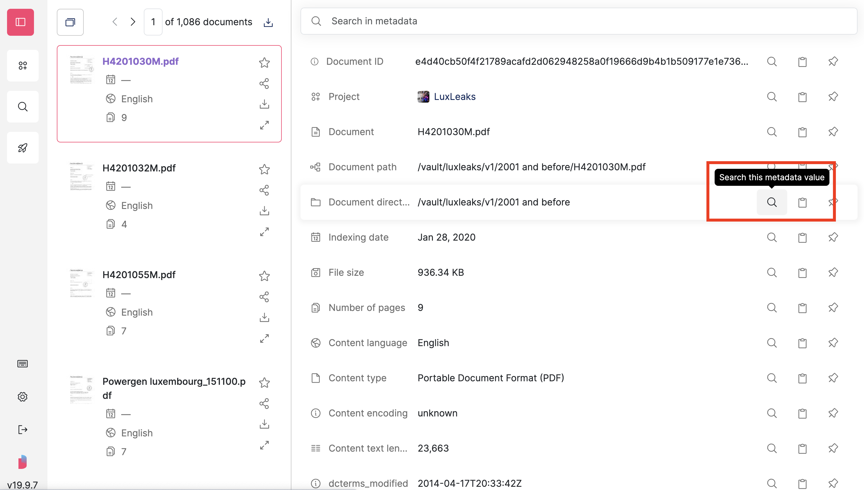 Screenshot of Datashare's page to search documents in List view with a document open on the 'Metadata' tab and the search buttons for one metadata with its tooltip 'Search this metadata value'highlighted