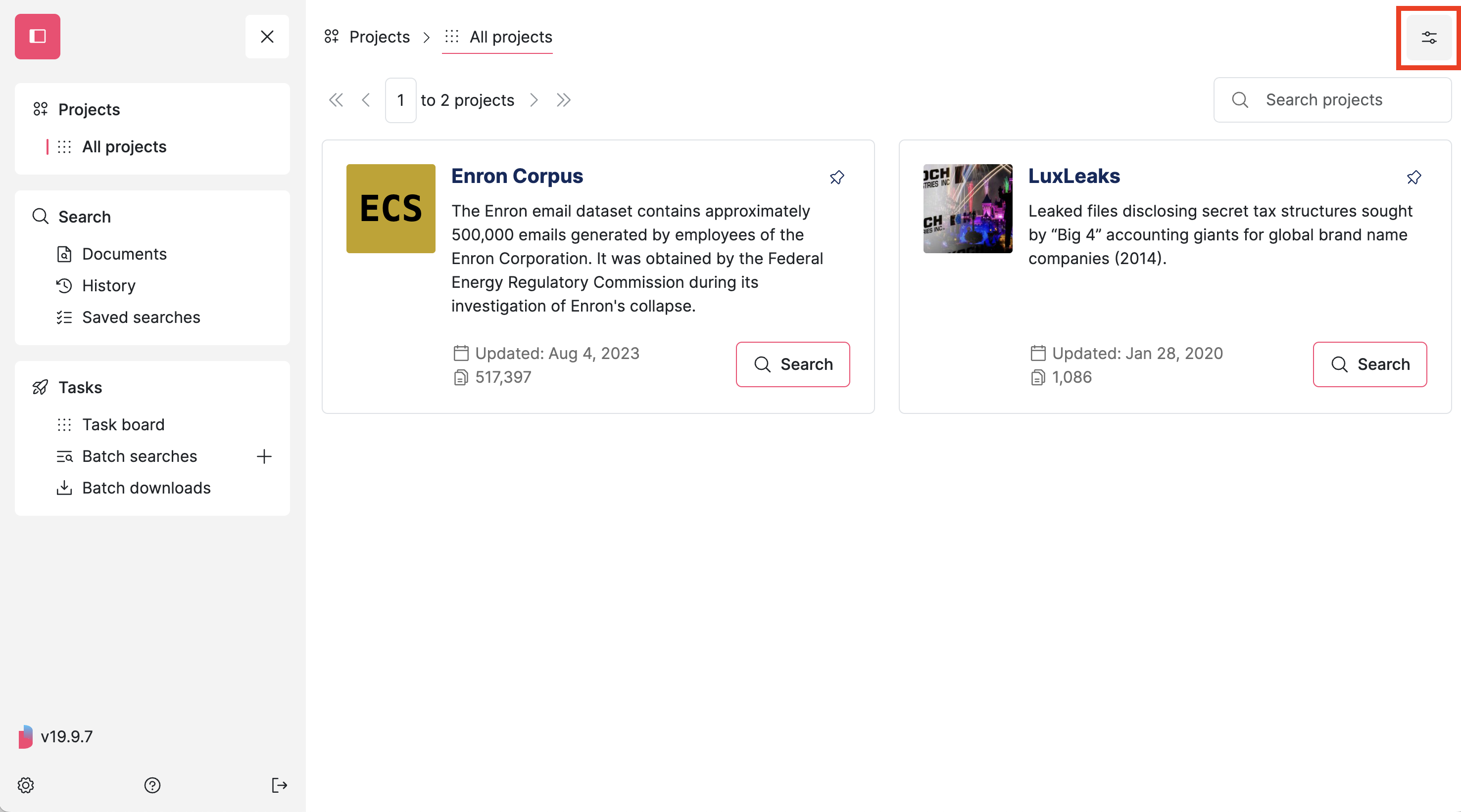 Screenshot of Datashare's 'All projects' page with the top right Settings icon highlighted