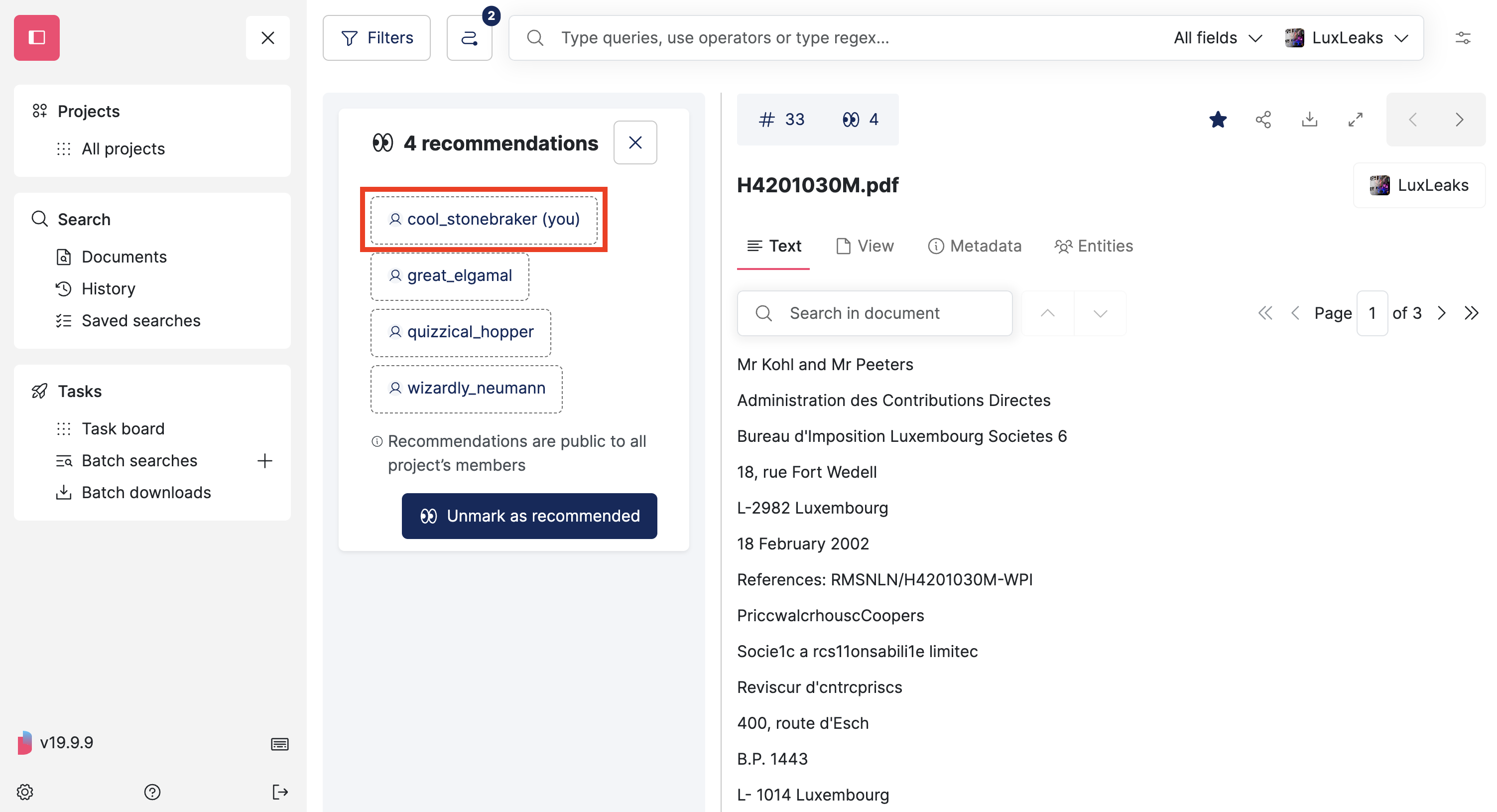 Screenshot of Datashare's search documents page in List layout where a document is open and the 'Recommendations' floating panel on the left of the document is open and where the username (you) is highlighted