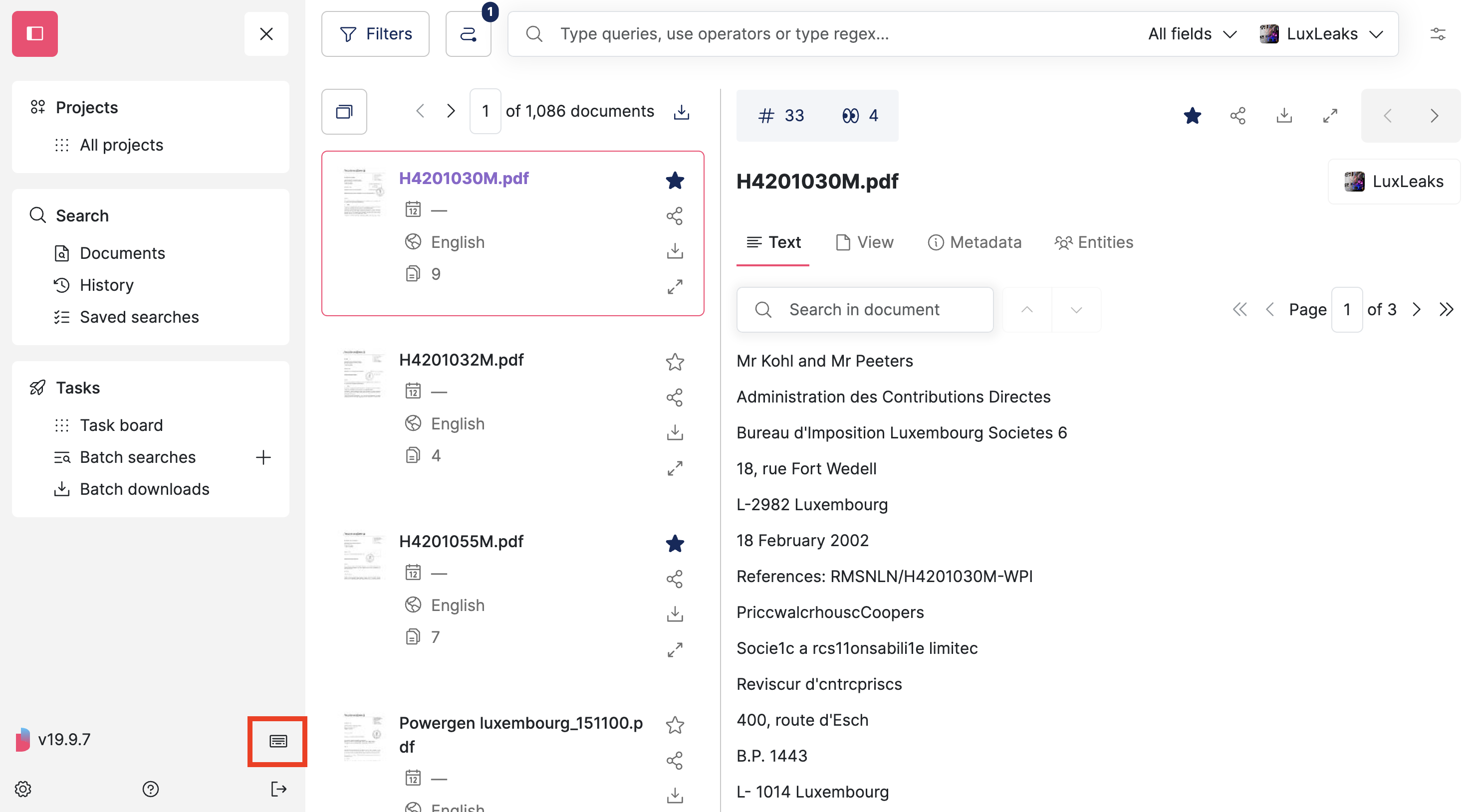 Screenshot of Datashare's search documents page in List layout where the 'Keyboard' icon at the bottom of the left menu is highlighted