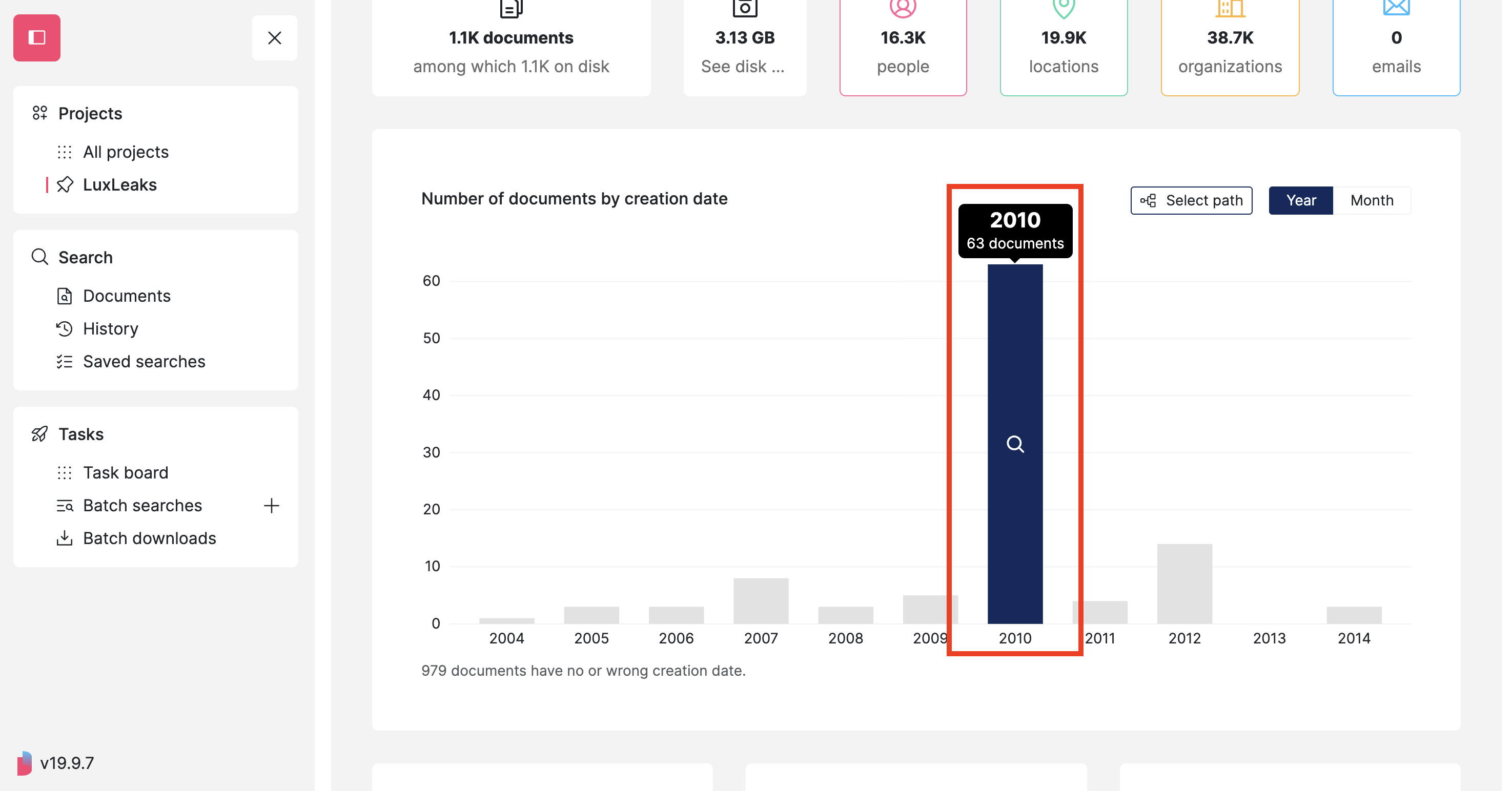 Screenshot of a Datashare's project page on the Insights tab at the level of the 'Documents per creation date' bar chart with one-year bar highlighted
