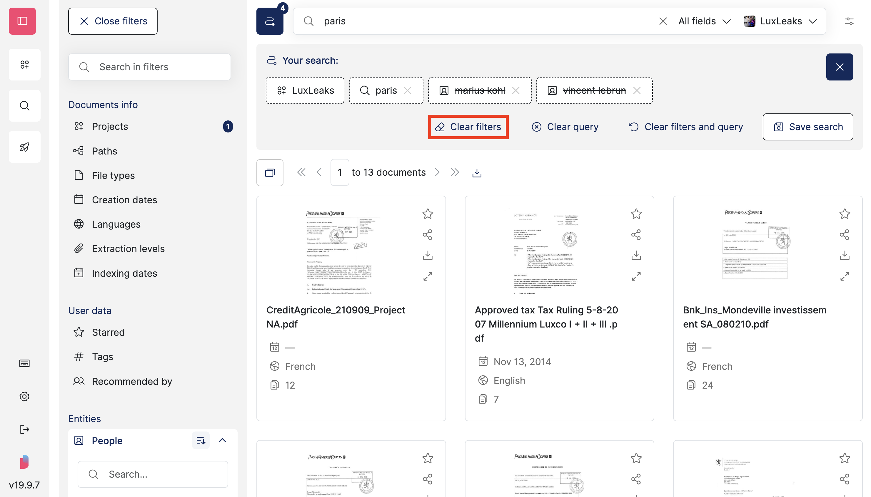Screenshot of Datashare's page to search documents with search breadcrumb open and the 'Clear filter' button highlighted