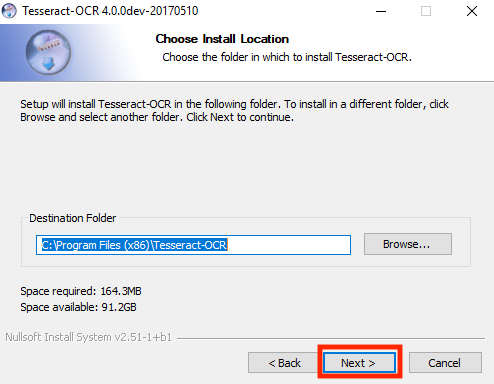 Screenshot of Windows' window showing a pre-ticked 'Destination Folder' (C:\Program Files (x86)\Tesseract-OCR) with 3 buttons: 'Previous', 'Next (which is highlighted) and 'Cancel'
