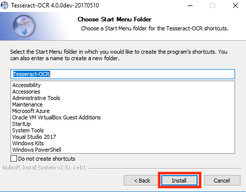 Screenshot of Windows' window saying 'Choose Start Menu Folder' with 3 buttons: 'Back', 'Install' (which is highlighted) and 'Cancel'