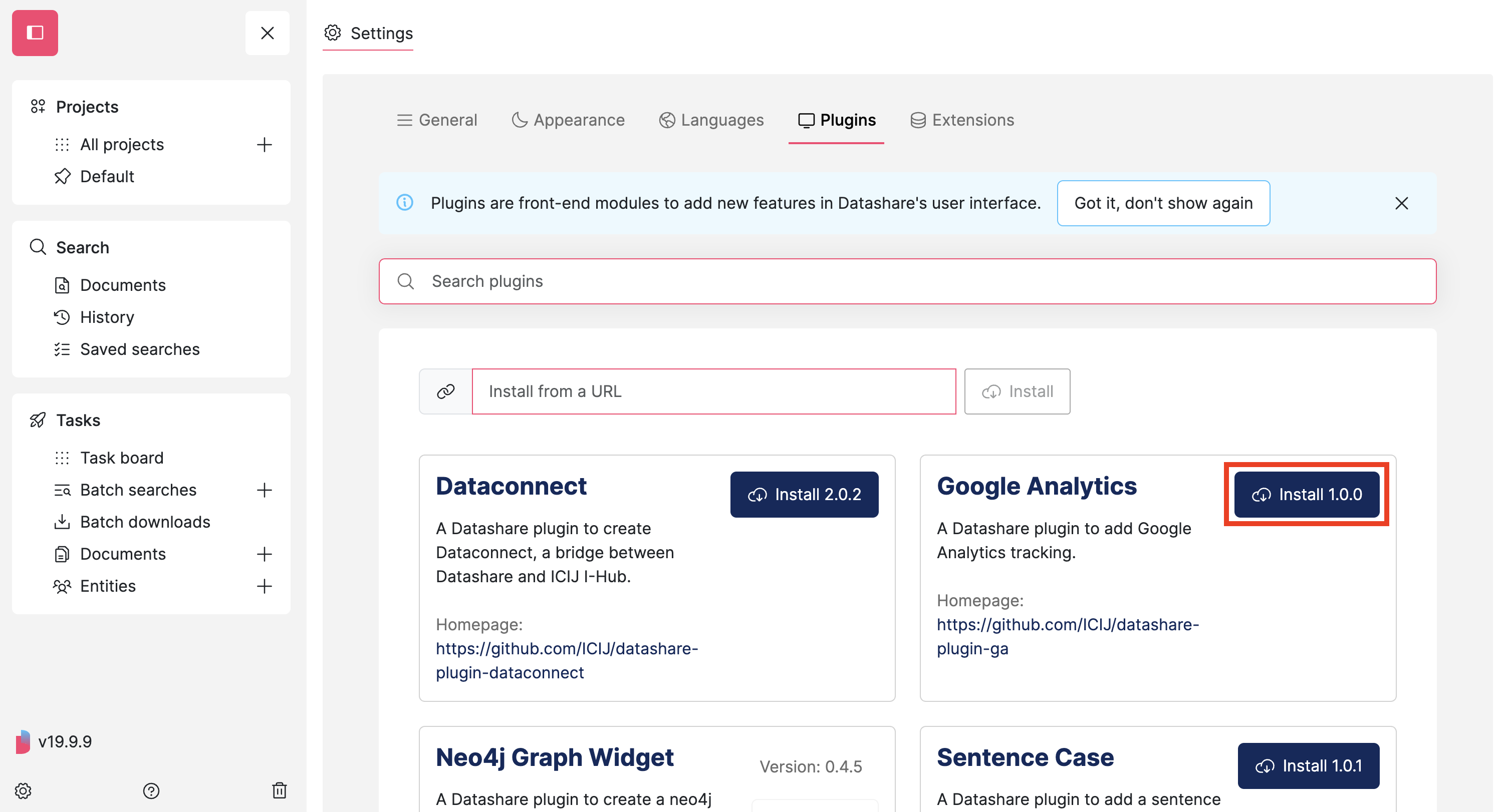 Screenshot of Datashare's Settings page on the Plugins tab with a Plugin's 'Install' button highlighted