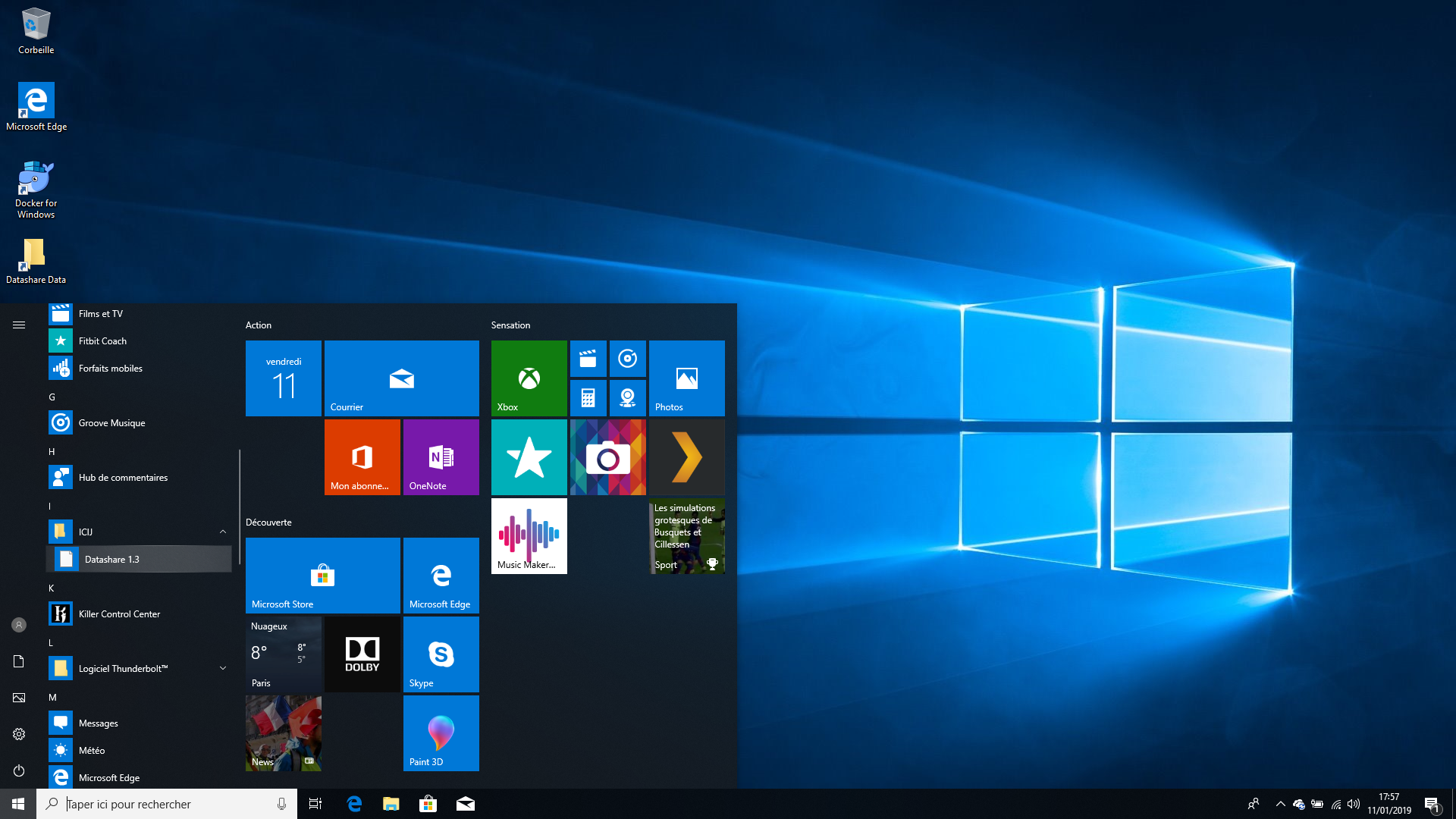 Screenshot of Windows' homepage with an open menu with the entry 'ICIJ' > 'Datashare 1.3' highlighted