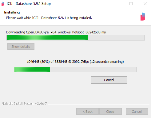 Screenshot of Windows' window saying 'Please wait (...) Datashare is being installed' with a progress bar and a 'Cancel' button
