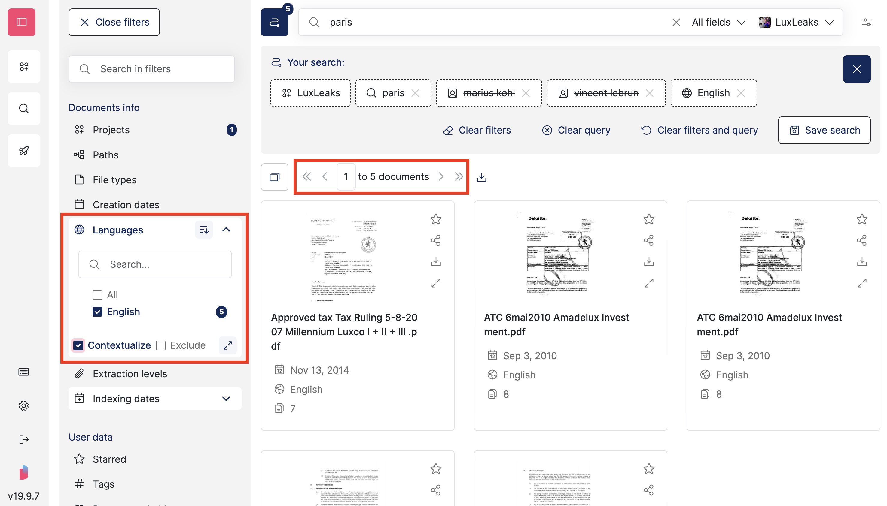 Screenshot of Datashare's page to search documents with the 'Language' filter open, the 'Contextualize' checkbox ticked and the whole filter highlighted