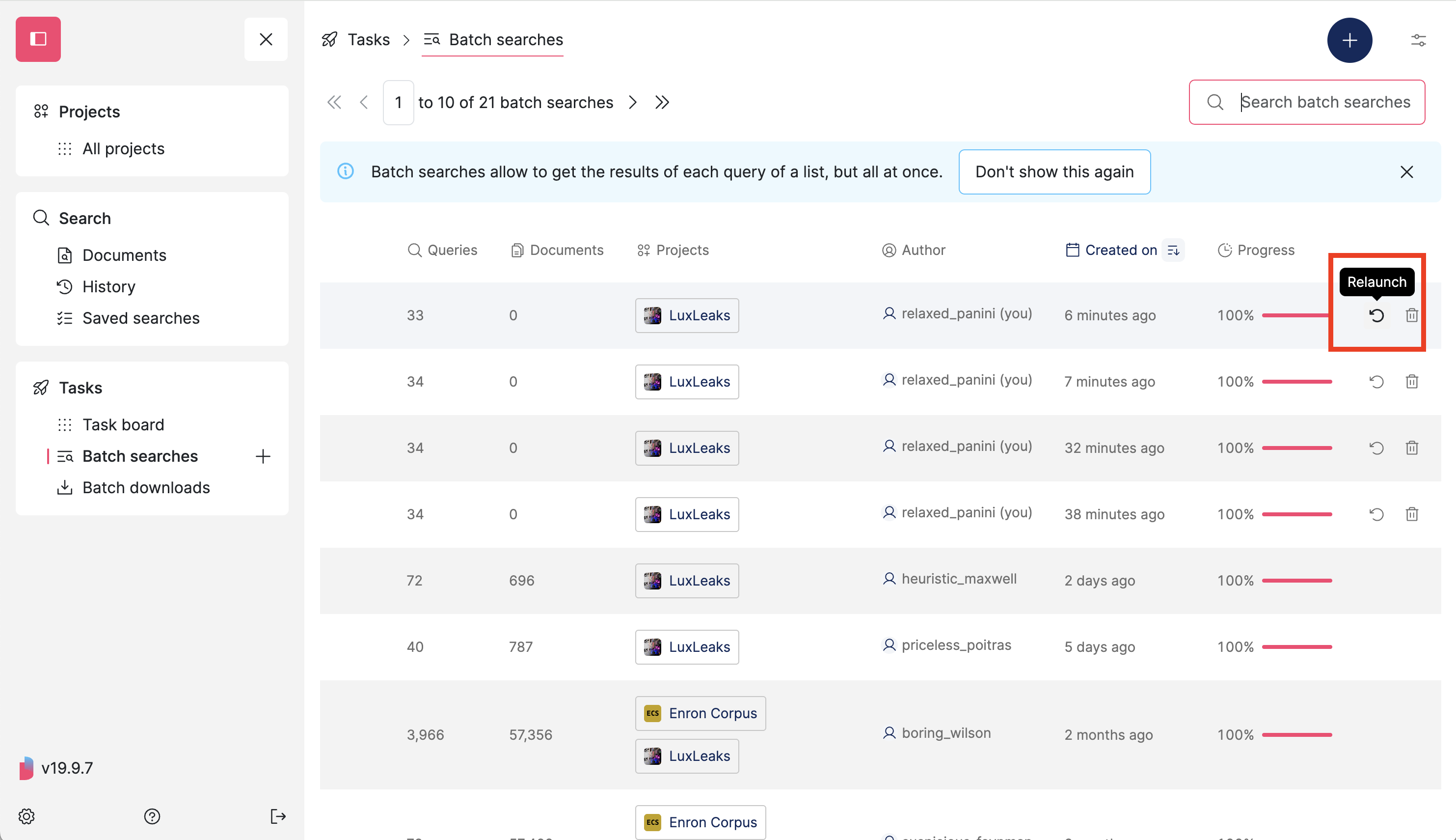Screenshot of Datashare's batch searches page where the last button with the 'Relaunch' icon is highlighted
