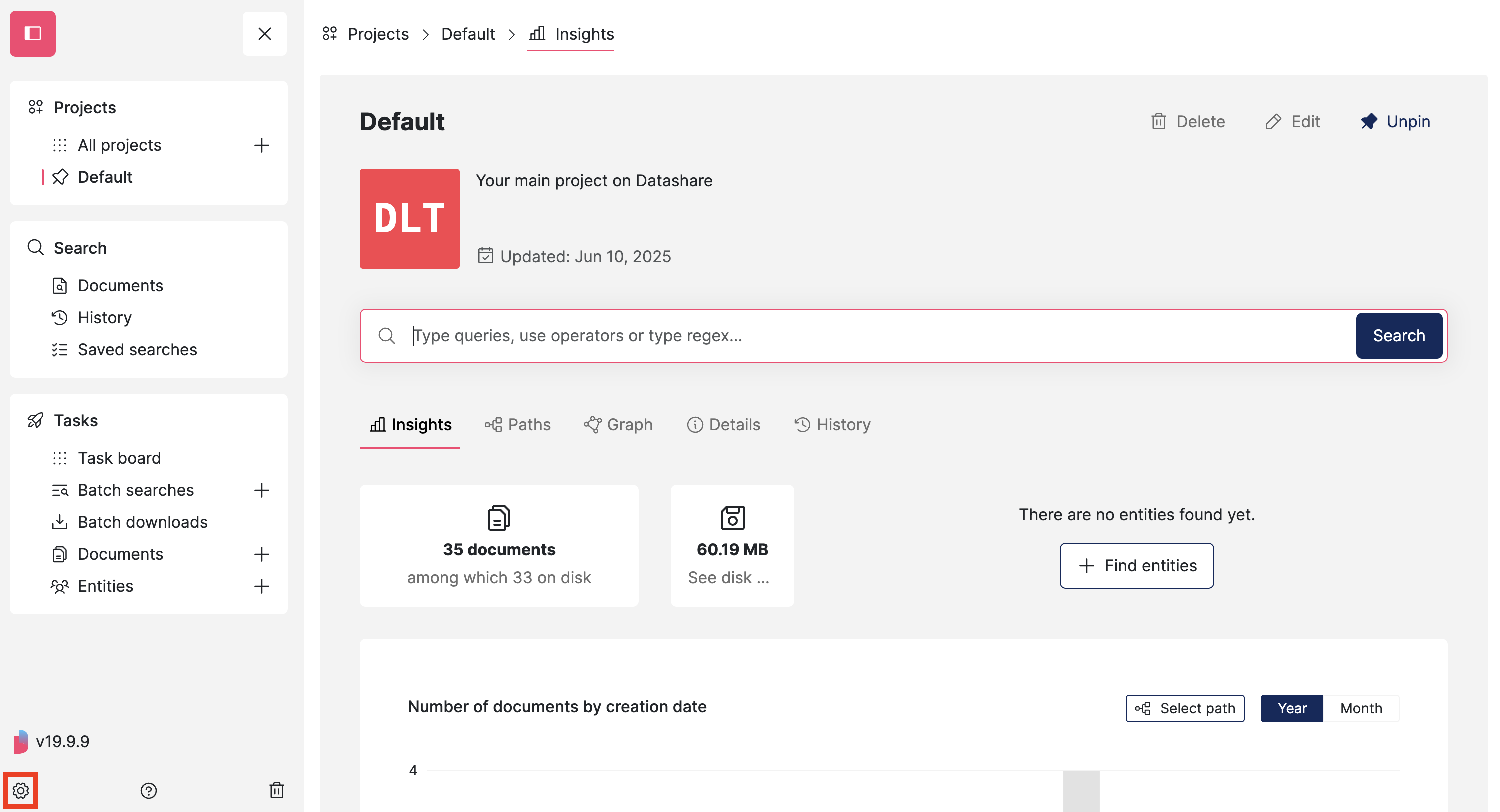 Screenshot of a Datashare's project page with the Settings icon at the bottom of the left menu highlighted