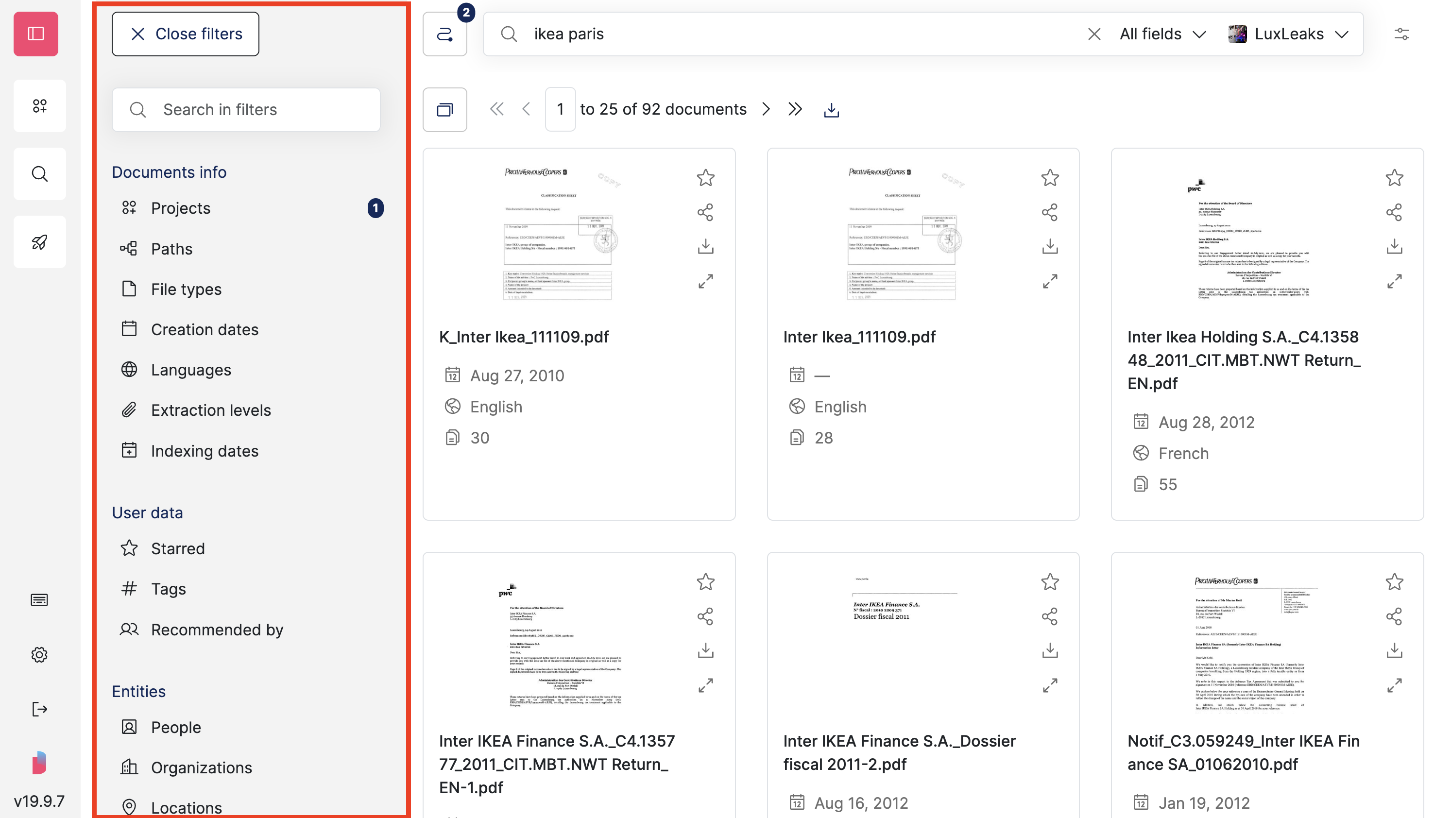 Screenshot of Datashare's page to search documents with the 'Filters' panel open and highlighted on the left of the page and on the right of the menud