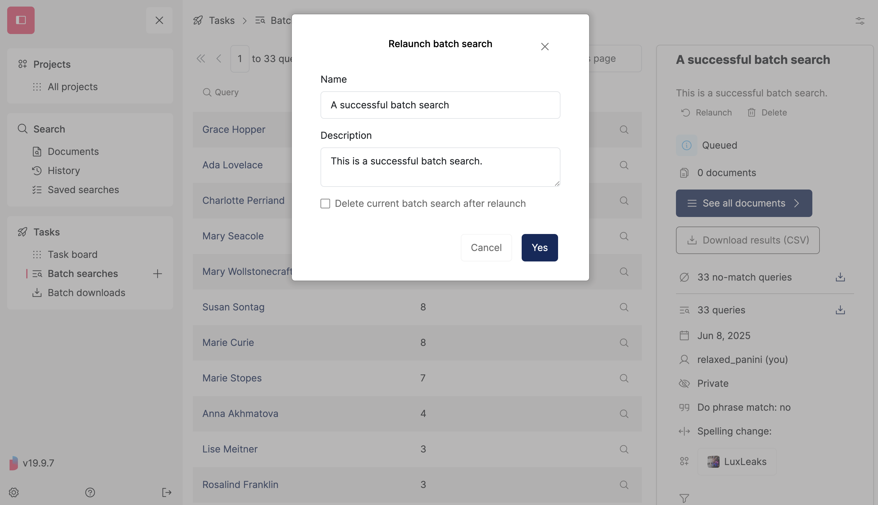 Screenshot of Datashare's page for one batch search where the 'Relaunch batch search' pop-in window is open