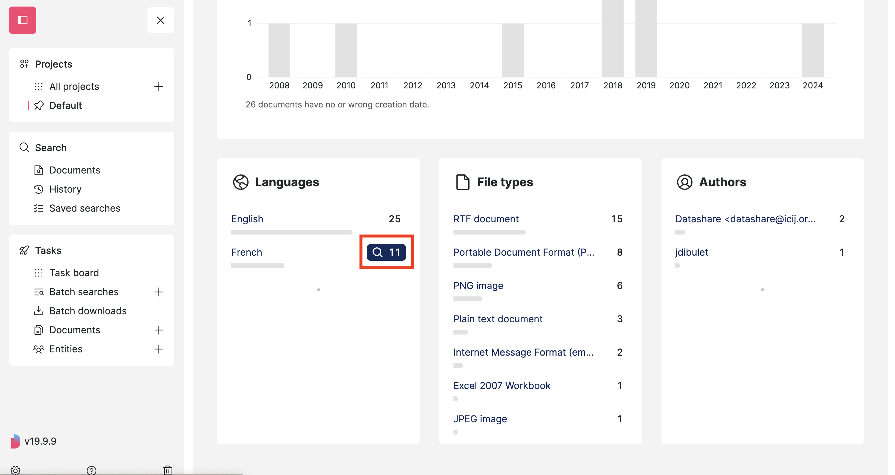 Screenshot of a Datashare's project page on the Insights tab at the level of the Languages, File types and Authors' widgets with the French documents' number '11" highlighted