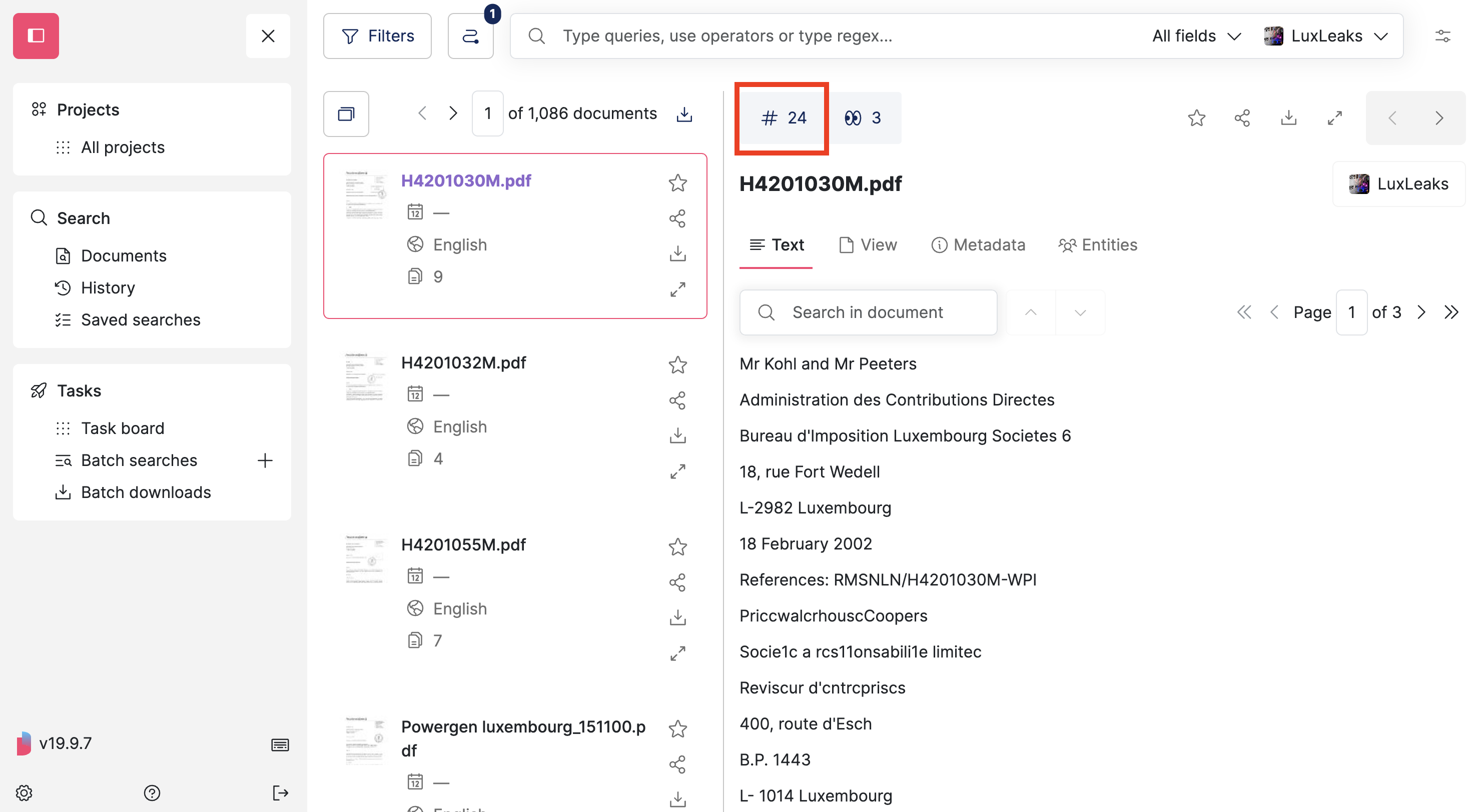 Screenshot of Datashare's search documents page in List layout where a document is open and its 'Hashtag' (tag) button above its title is highlighted