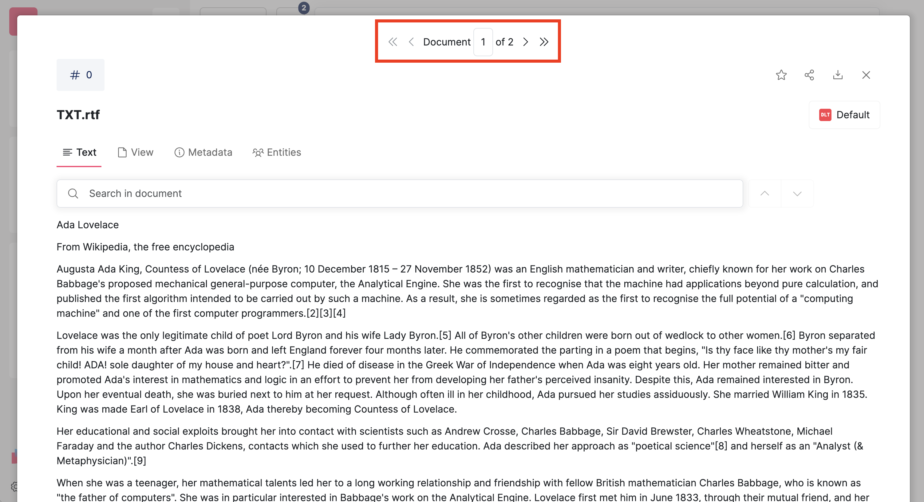 Screenshot of Datashare's document full screen view with the pagination carousel on the top highlighted