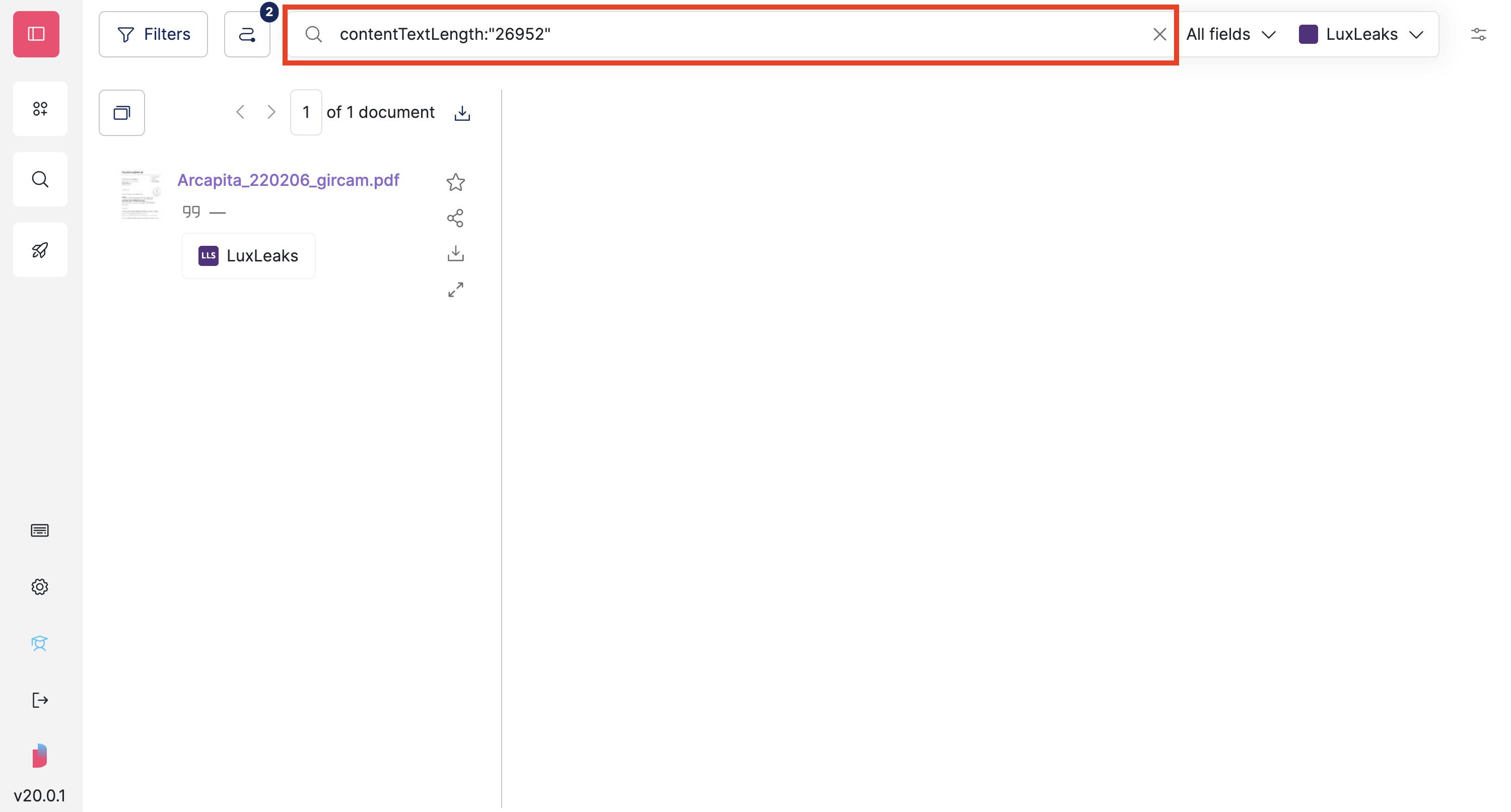 Screenshot of Datashare's document search page with the search bar displaying 'contentTextLength:"26952"' highlighted