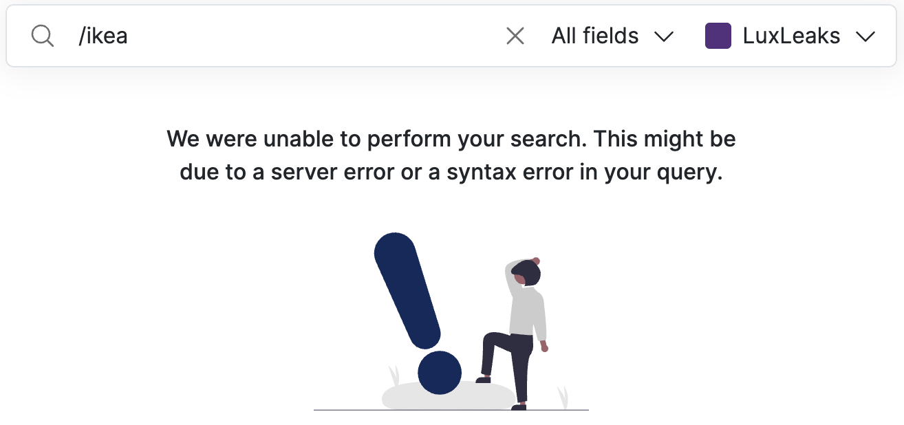 Screenshot of Datashare's search page with '/ikea' in the search bar and the message 'We were unable to perform your search. This might be due to a server error or a syntax error in your query'