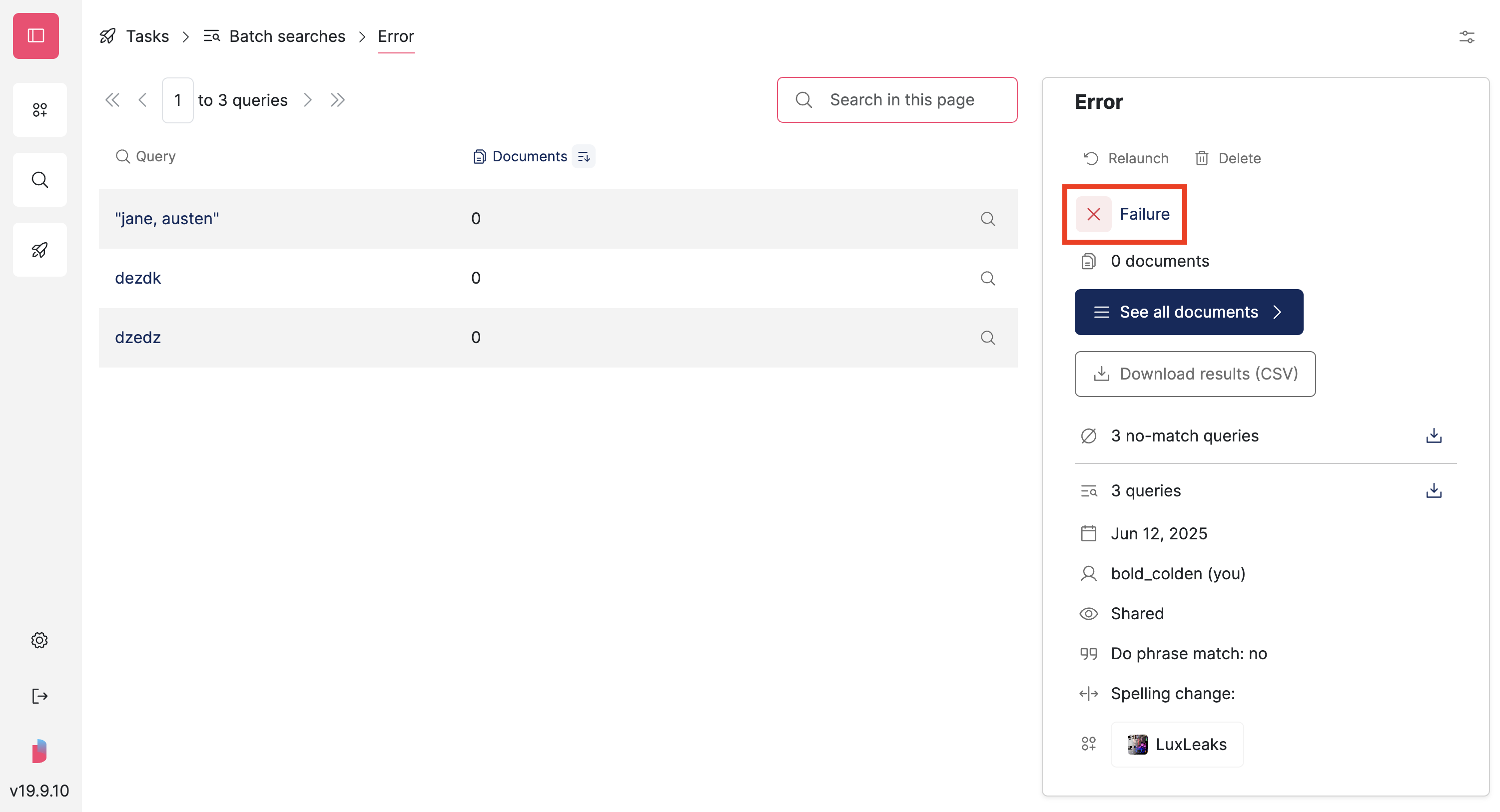 Screenshot of Datashare's batch search page where the 'Failure' button in the right panel describing the batch search is highlighted
