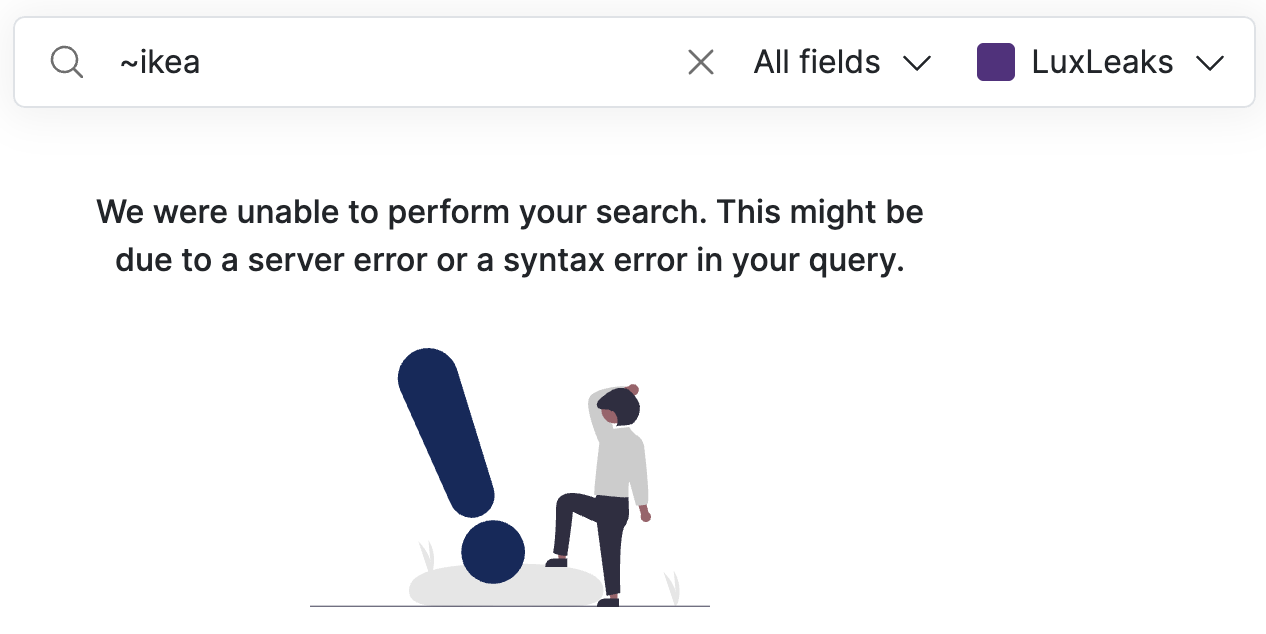 Screenshot of Datashare's search page with '~ikea' in the search bar and the message 'We were unable to perform your search. This might be due to a server error or a syntax error in your query'