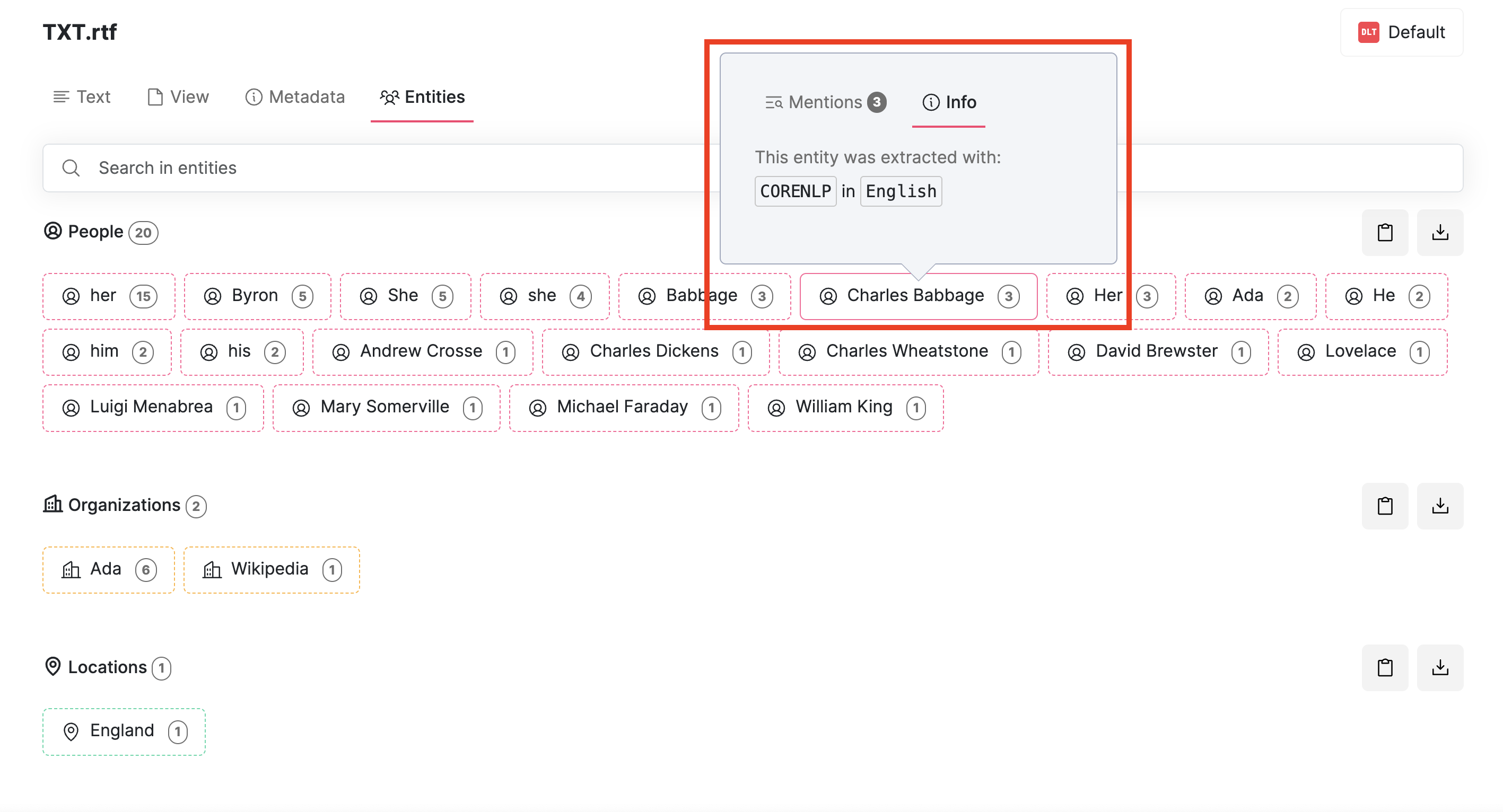 Screenshot of Datashare's full-screen document view on the 'Entities' tab with one entity and its popover on the 'Info' tab highlighted