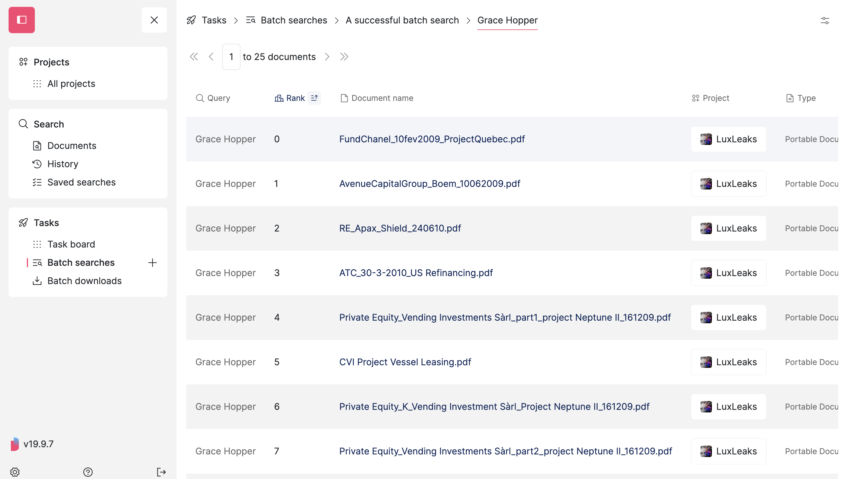 Screenshot of Datashare's page for one batch search's matching documents
