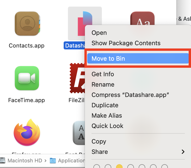 Screenshot of a Mac's Applications window with the Datashare's logo selected and a dropdown menu with the entry 'Move to Bin' highlighted
