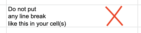 Screenshot of a spreadsheet cell filled with a text containing a line break and a red cross indicates it is wrong