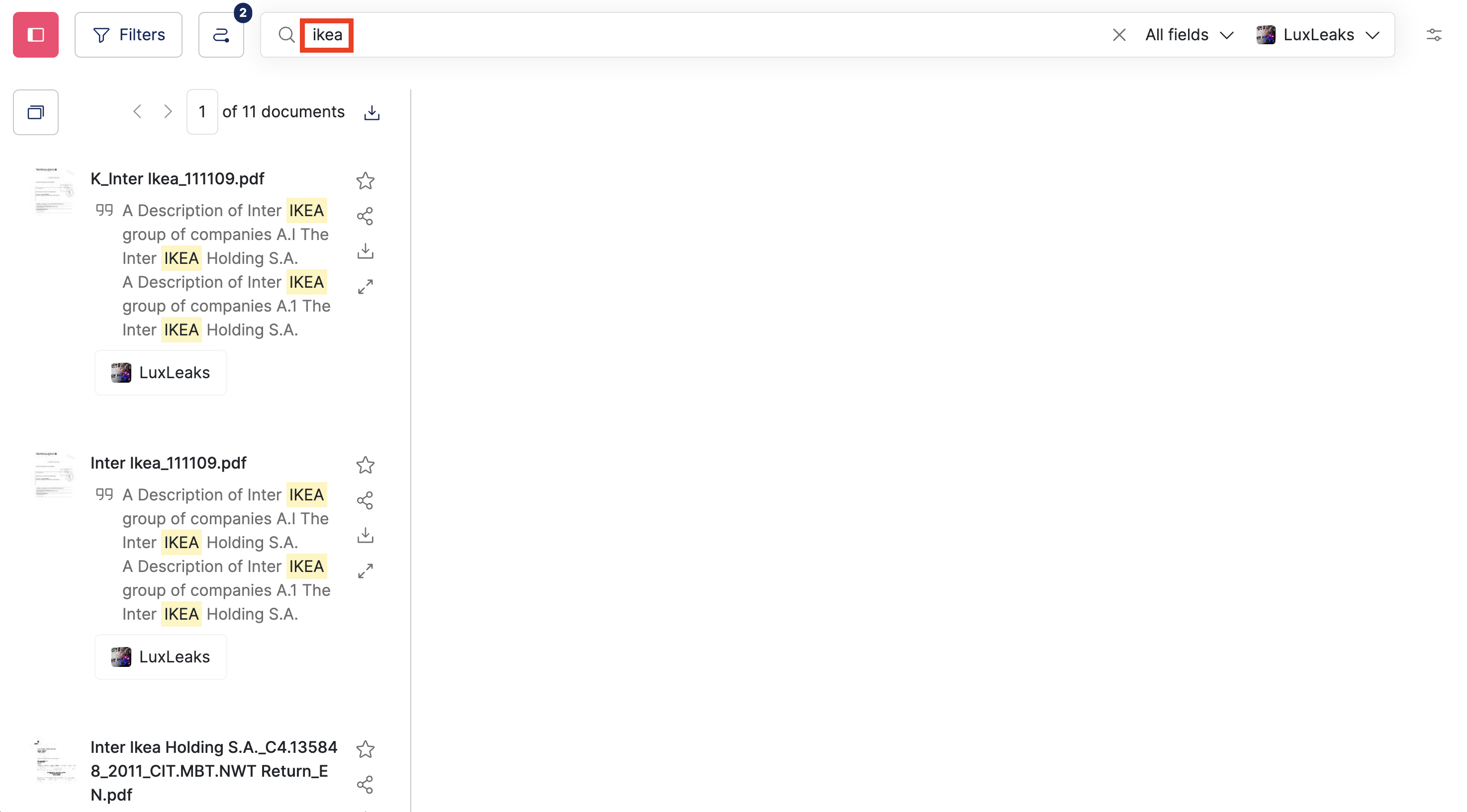Screenshot of a Datashare's search documents page with highlighted 'Ikea' typed in the search bar
