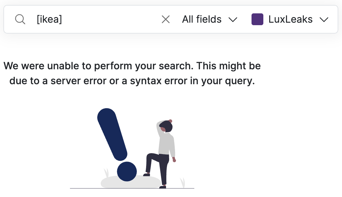 Screenshot of Datashare's search page with '[ikea]' in the search bar and the message 'We were unable to perform your search. This might be due to a server error or a syntax error in your query'