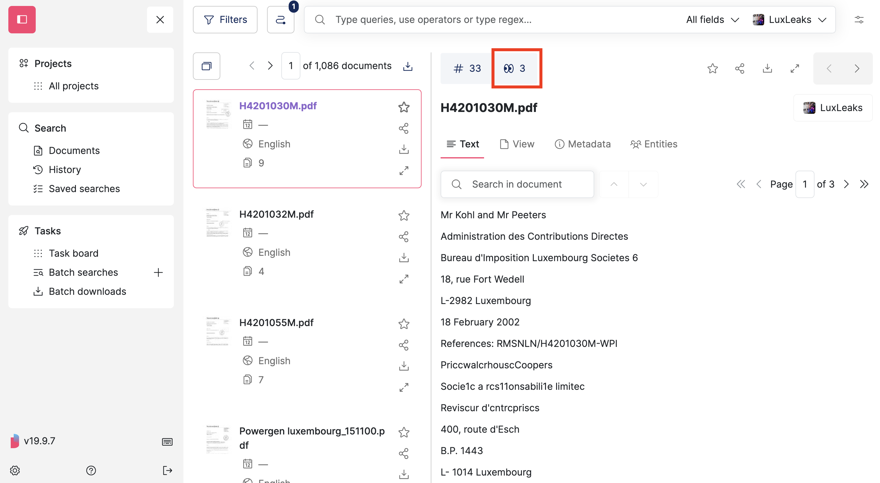 Screenshot of Datashare's search documents page in List layout where a document is open and its 'Eyes' (recommend) button above its title is highlighted