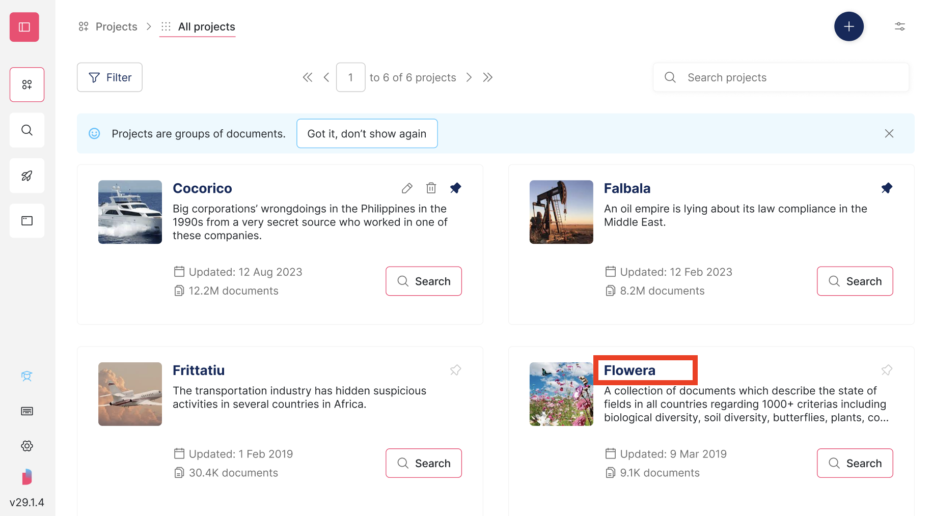 Screenshot of Datashare's 'All projects' page with the name of one project highlighted
