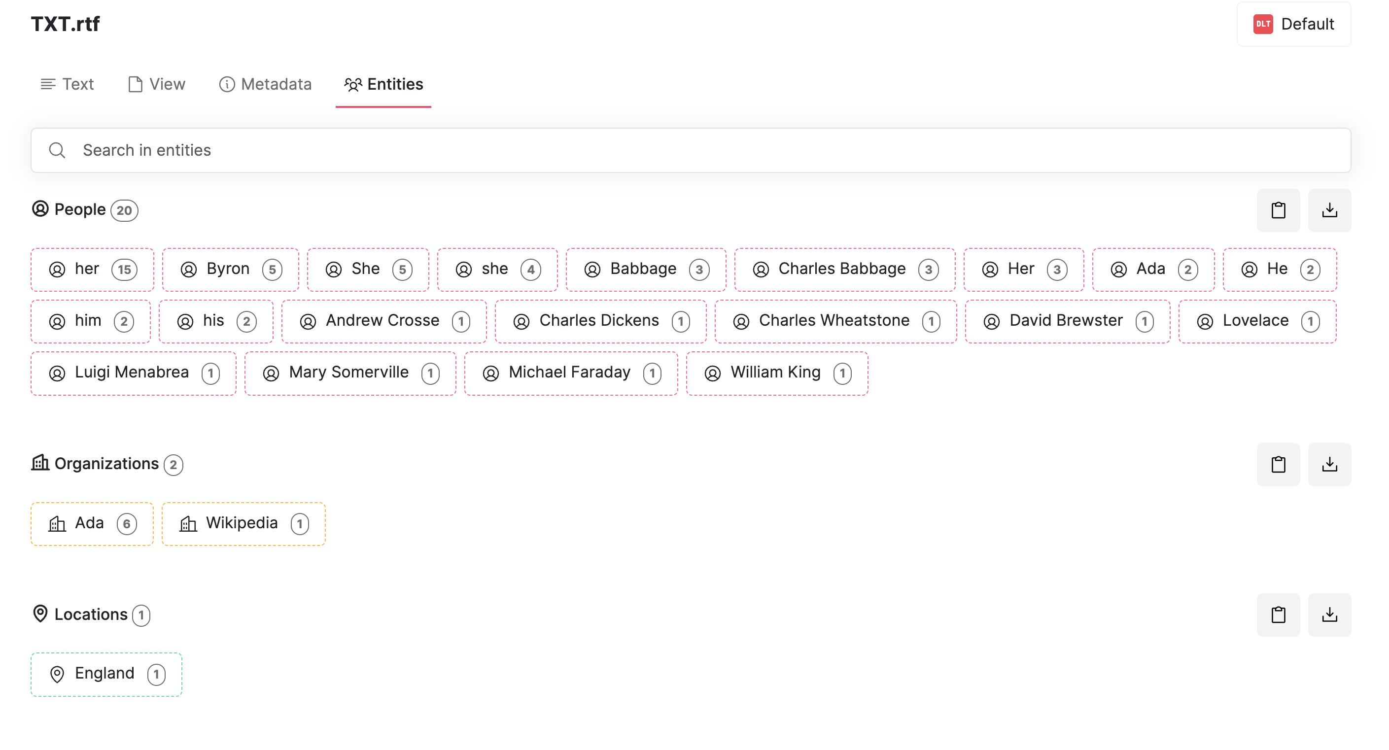 Screenshot of Datashare's full-screen document view on the 'Entities' tab