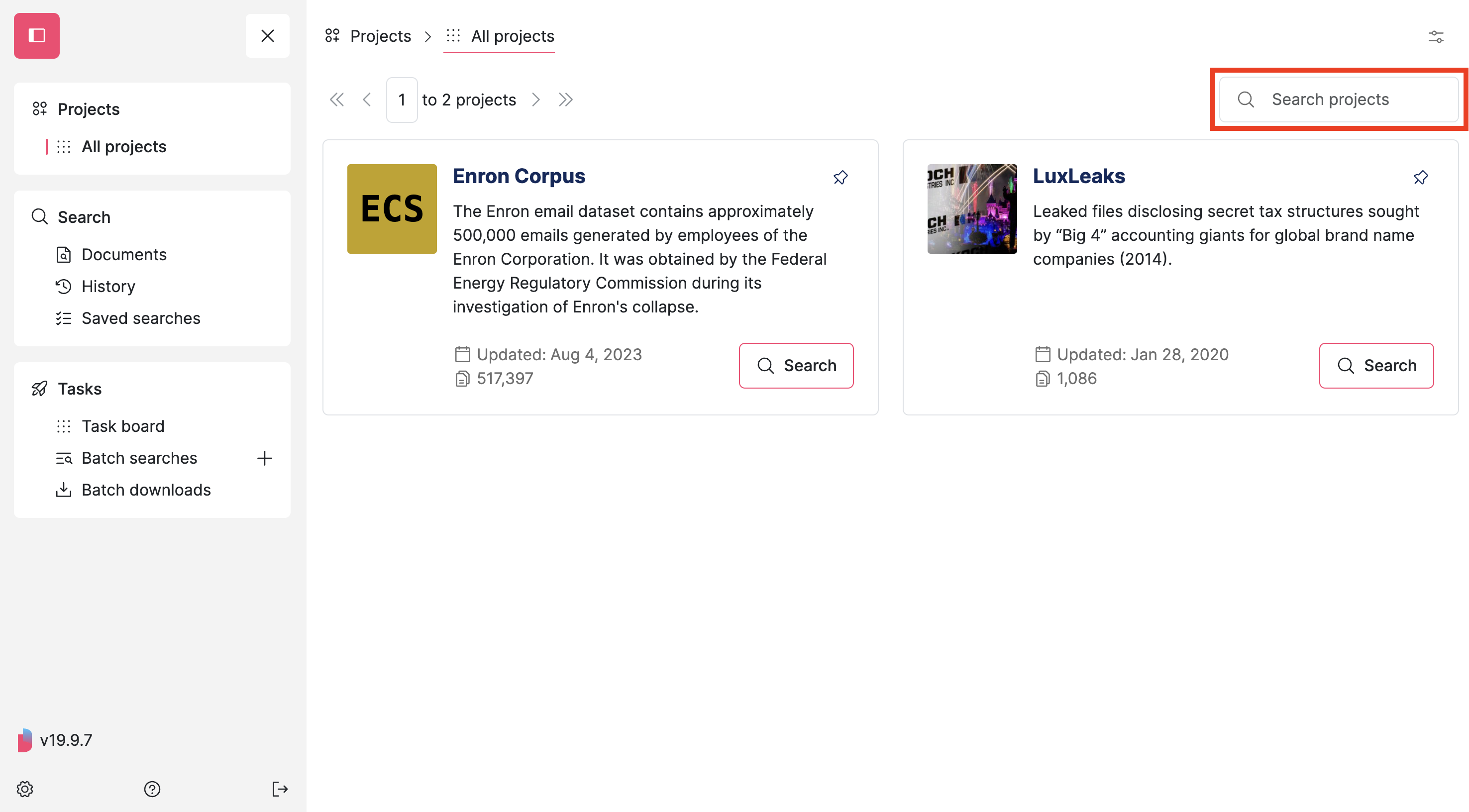 Screenshot of Datashare's 'All projects' page with the search bar 'Search projects' highlighted
