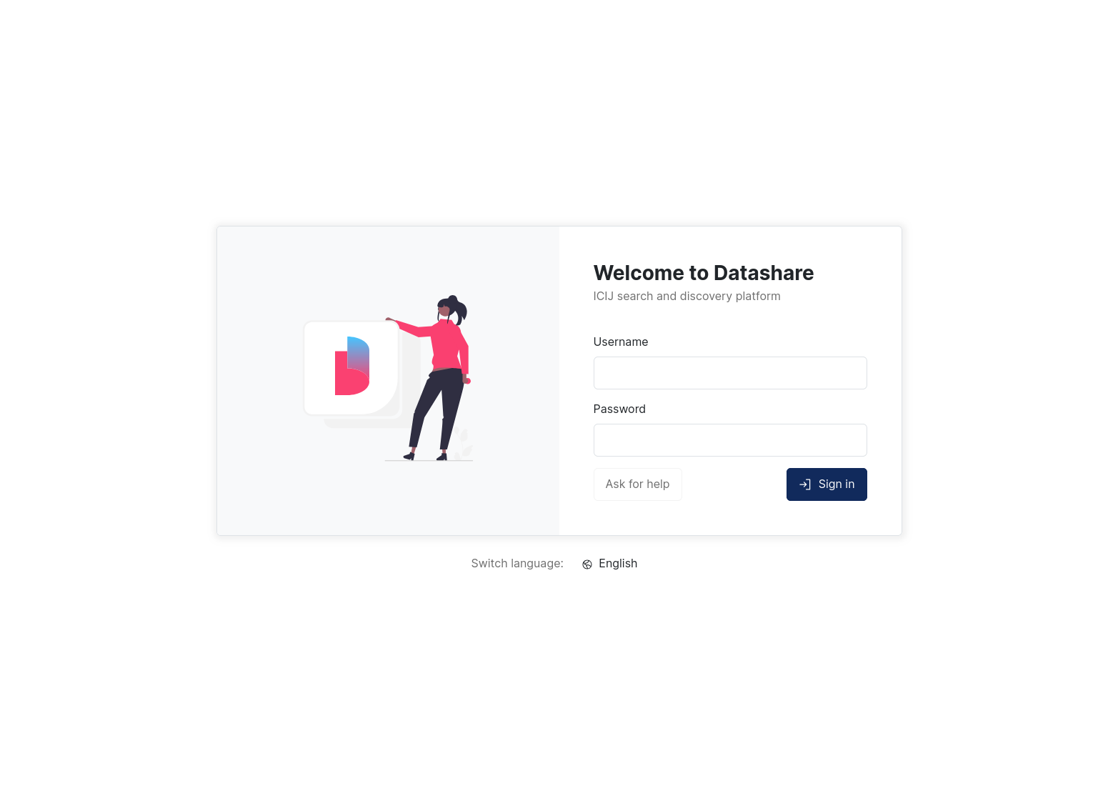 Screenshot of Datashare's HTML login form with username and password fields and a sign-in button