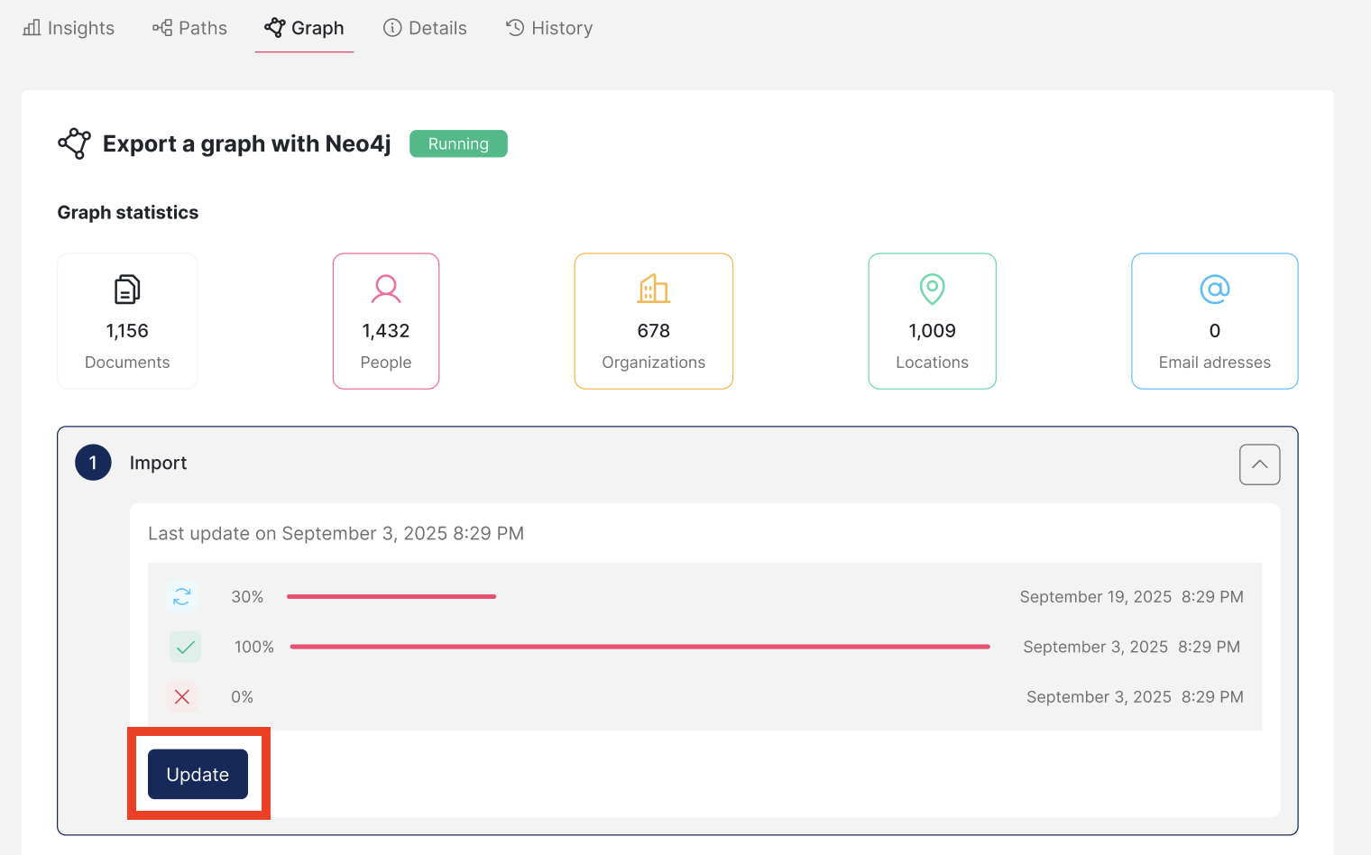 Screenshot of Datashare's project page on the Graph tab with 'Update' button on the first step of the form highlighted