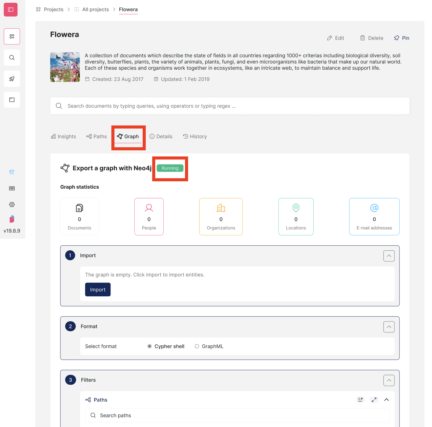 Screenshot of a Project's page on the Graph tab with the Running status highlighted