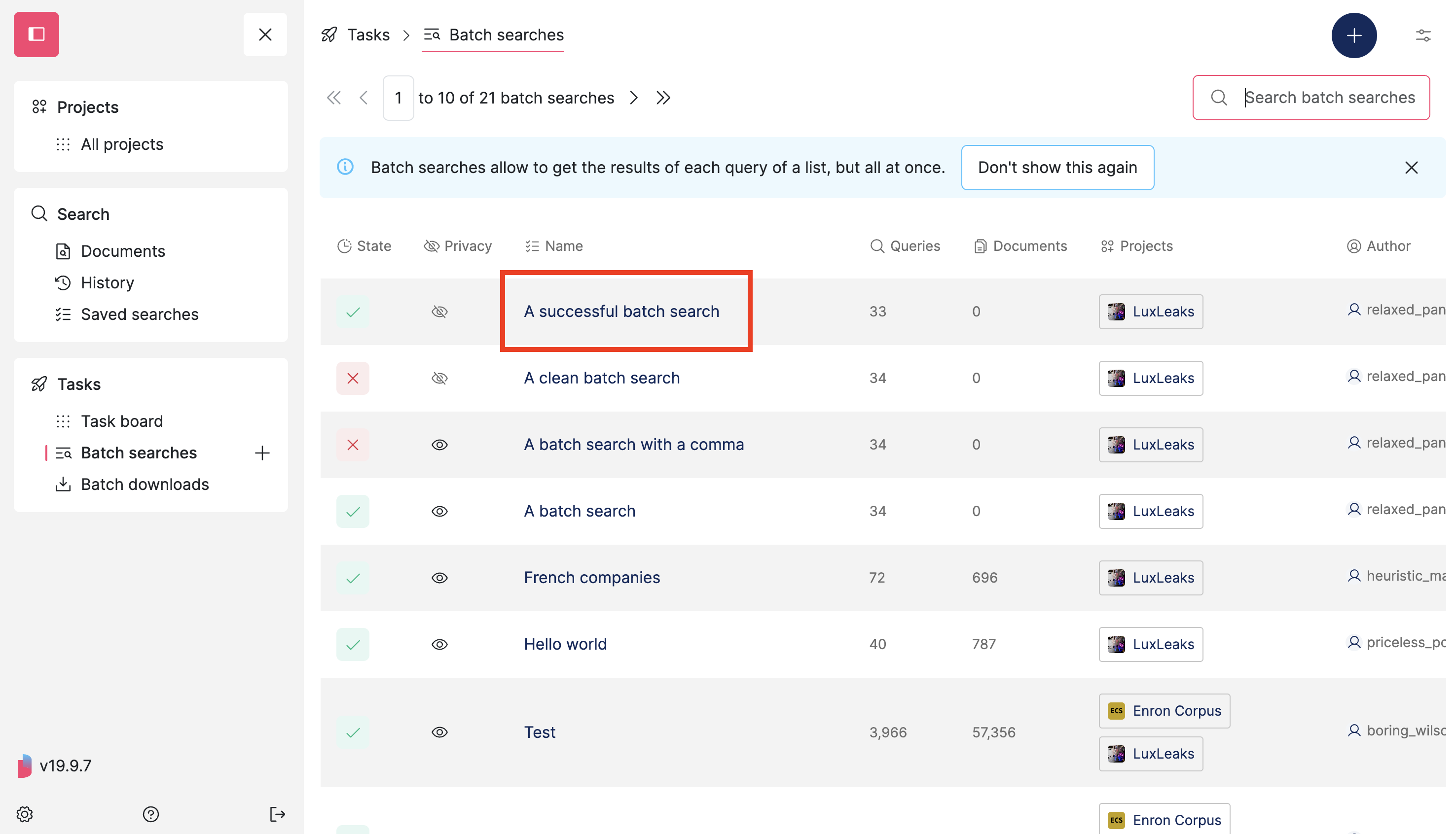 Screenshot of Datashare's batch searches page where the first batch search's name is highlighted
