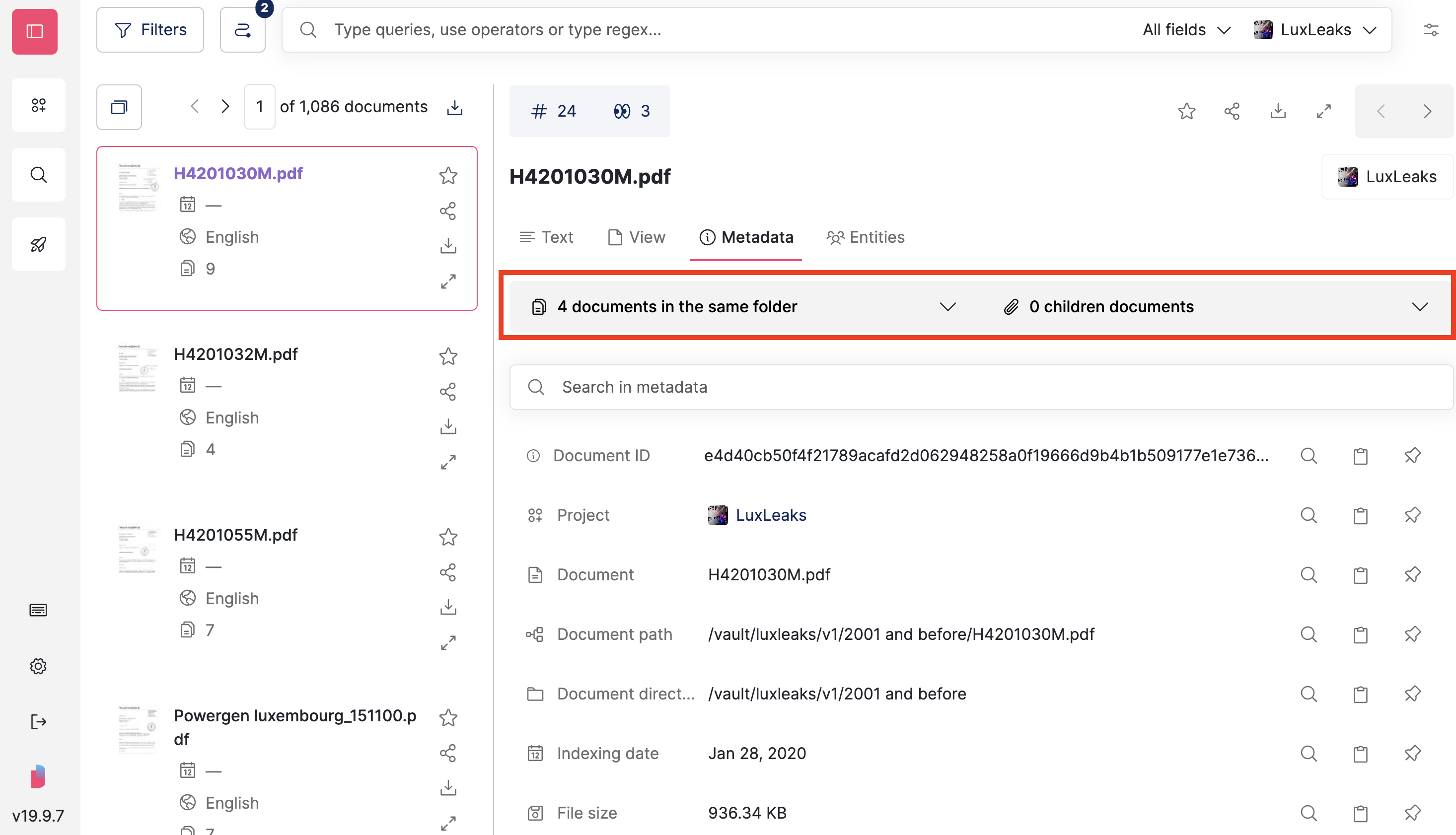 Screenshot of Datashare's page to search documents in List view with a document open on the 'Metadata' tab and the dropdowns 'X documents in the same folder' and 'Y children documents' highlighted
