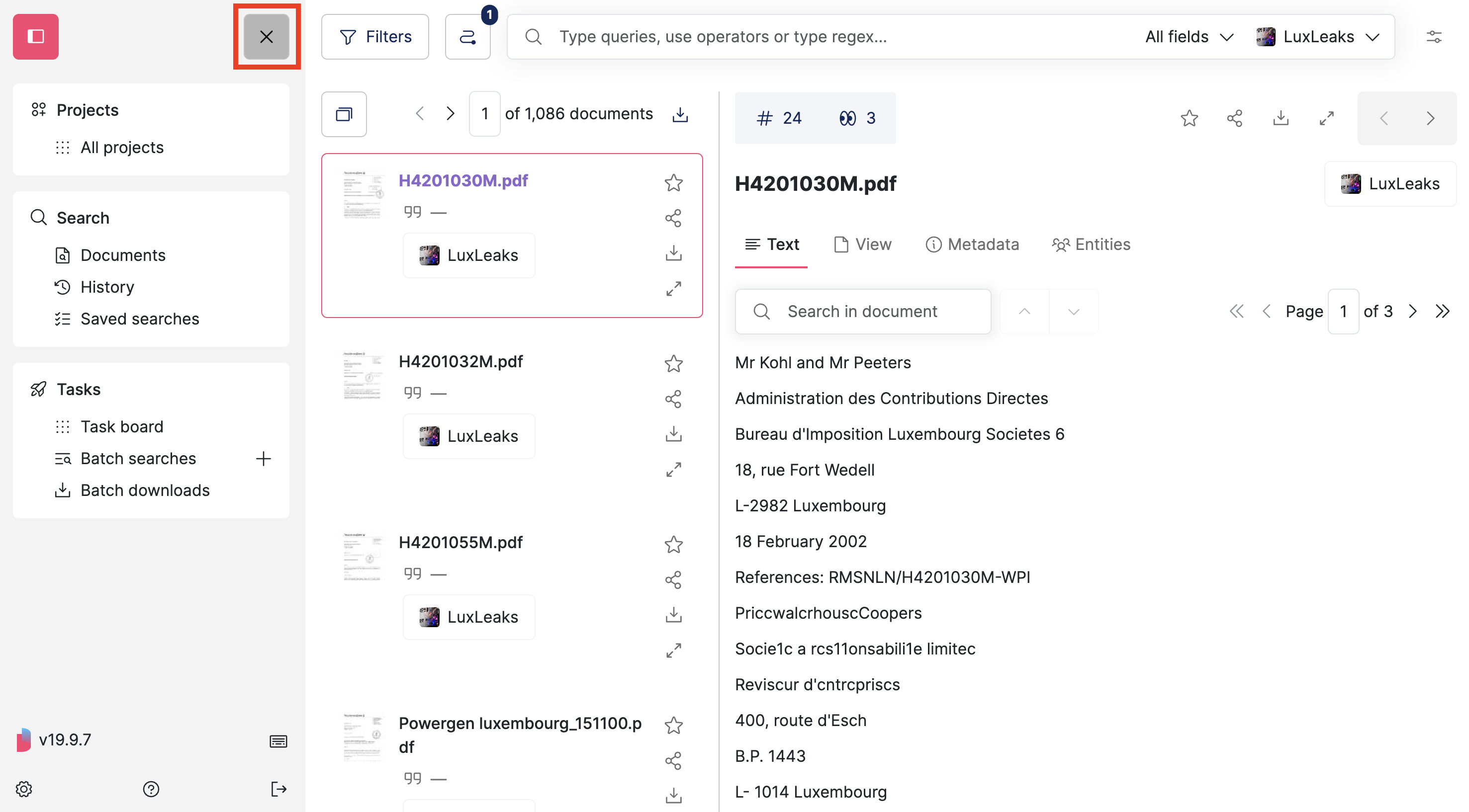 Screenshot of a Datashare's search documents page with the menu open and its top right X icon highlighted