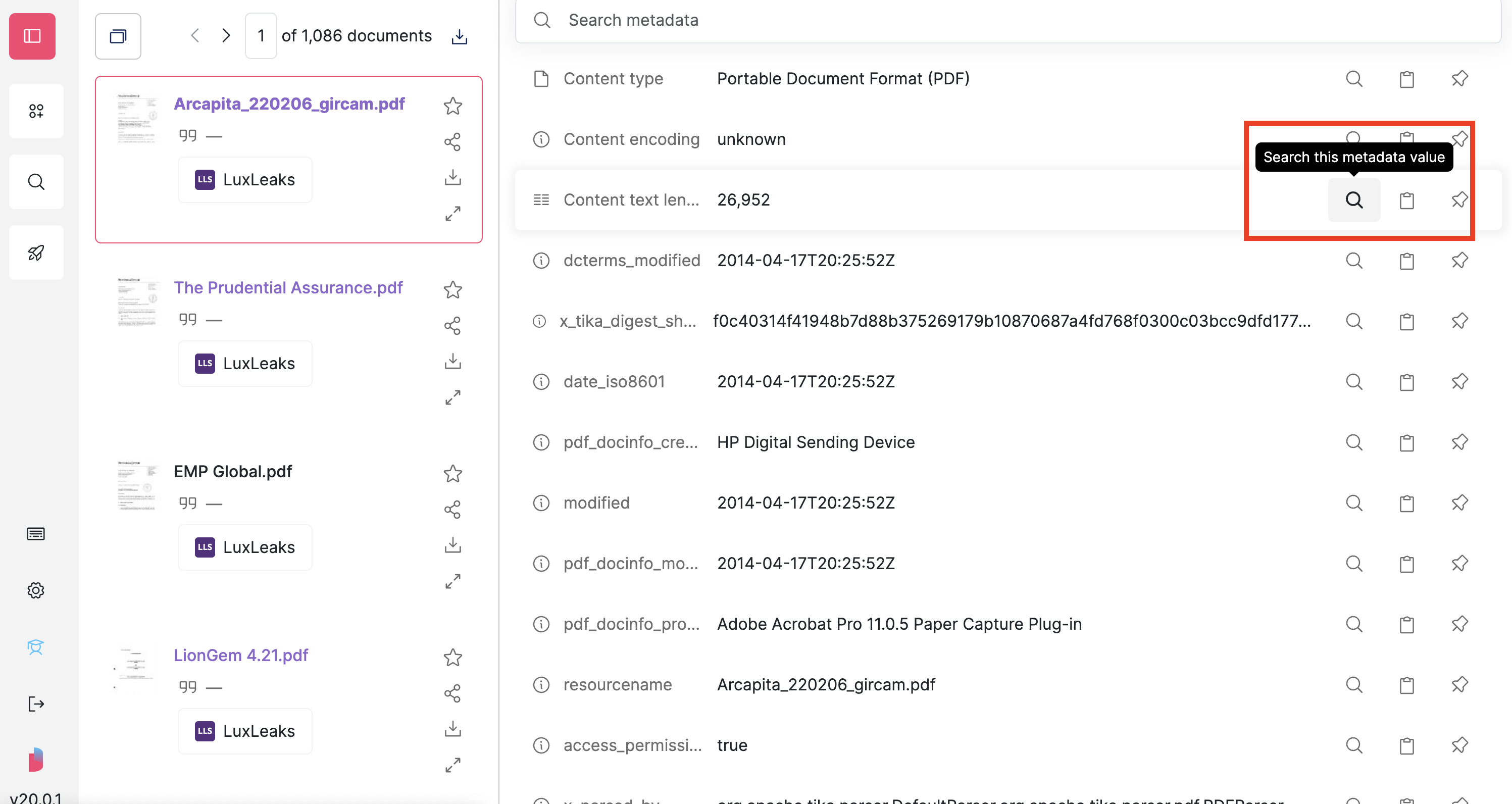 Screenshot of Datashare's document page in the 'Metadata' tab at scroll level of 'Content text length' with the magnifying glass icon hovered with the tooltip 'Search this metadata value' highlighted